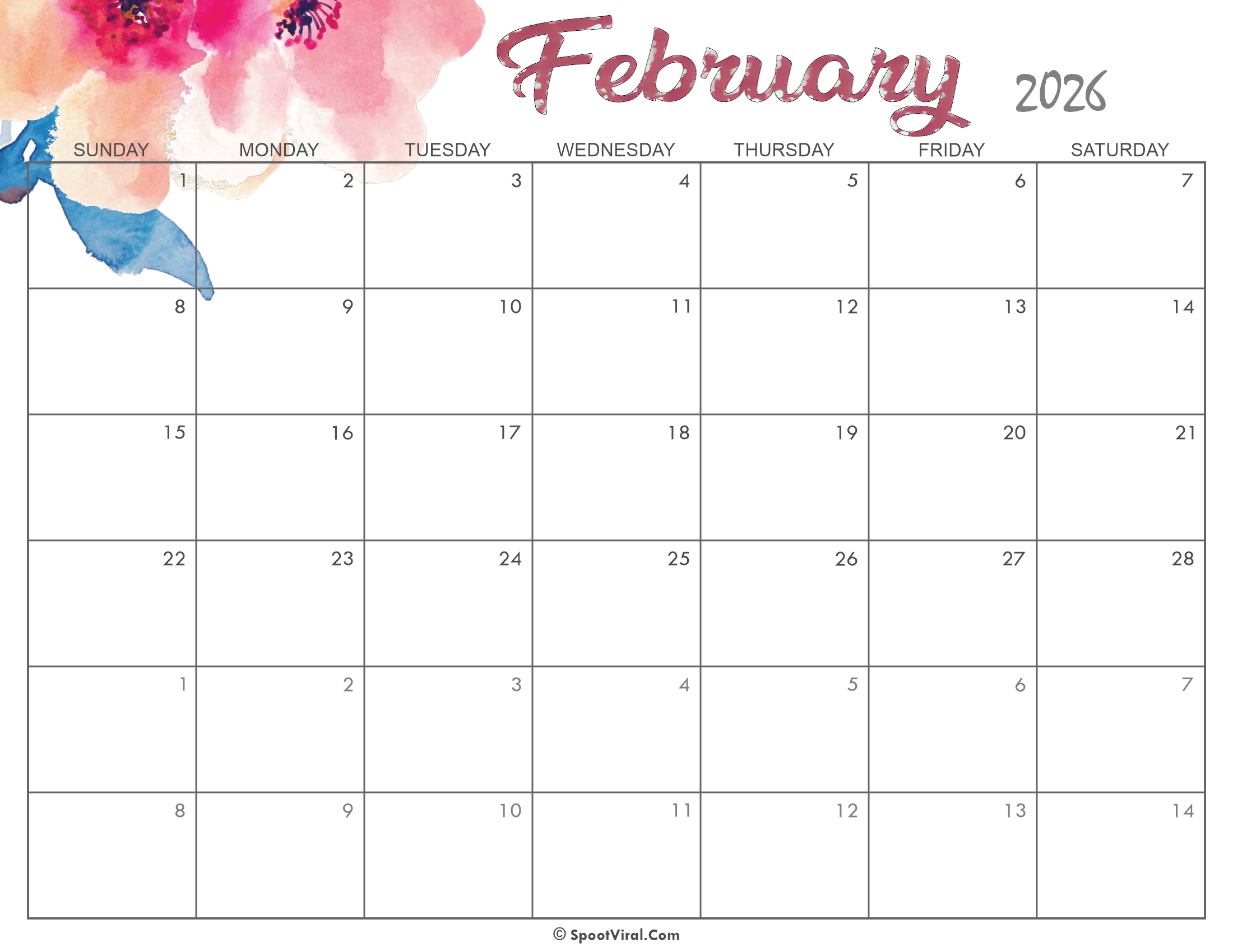 Cute February Calendar 2026 Printable