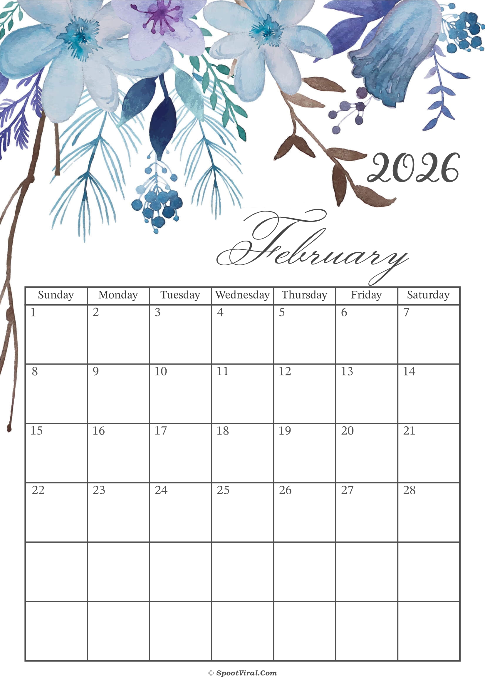 February 2026 Calendar Floral