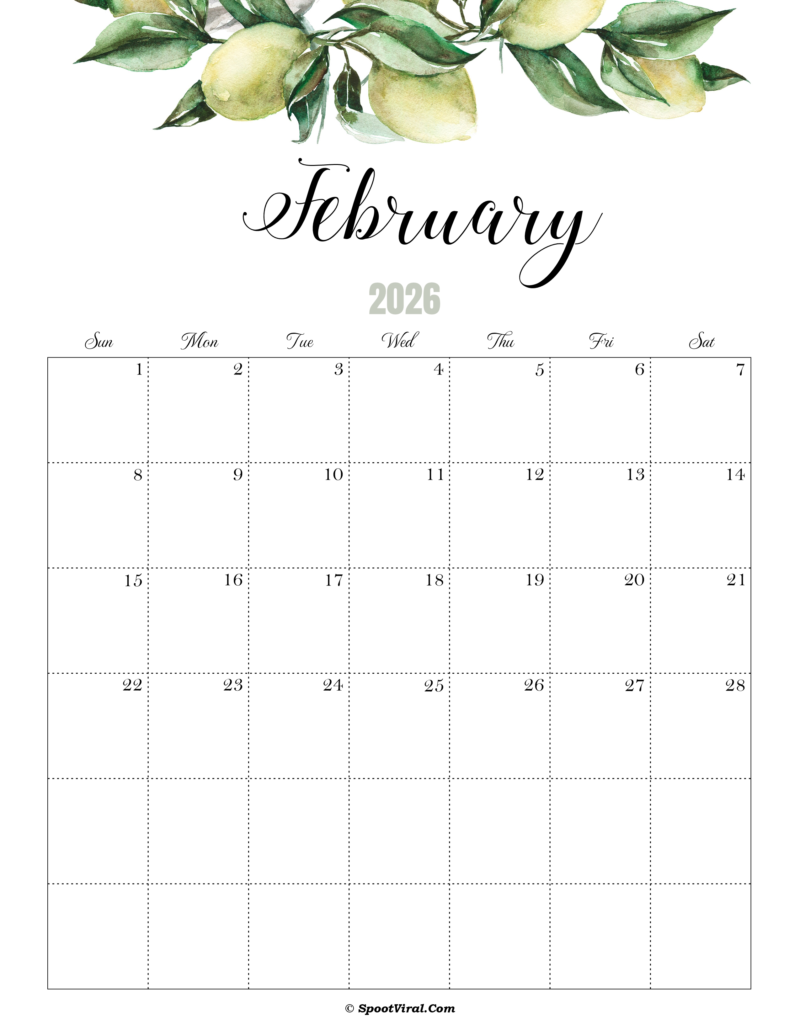 February Calendar 2026 Cute