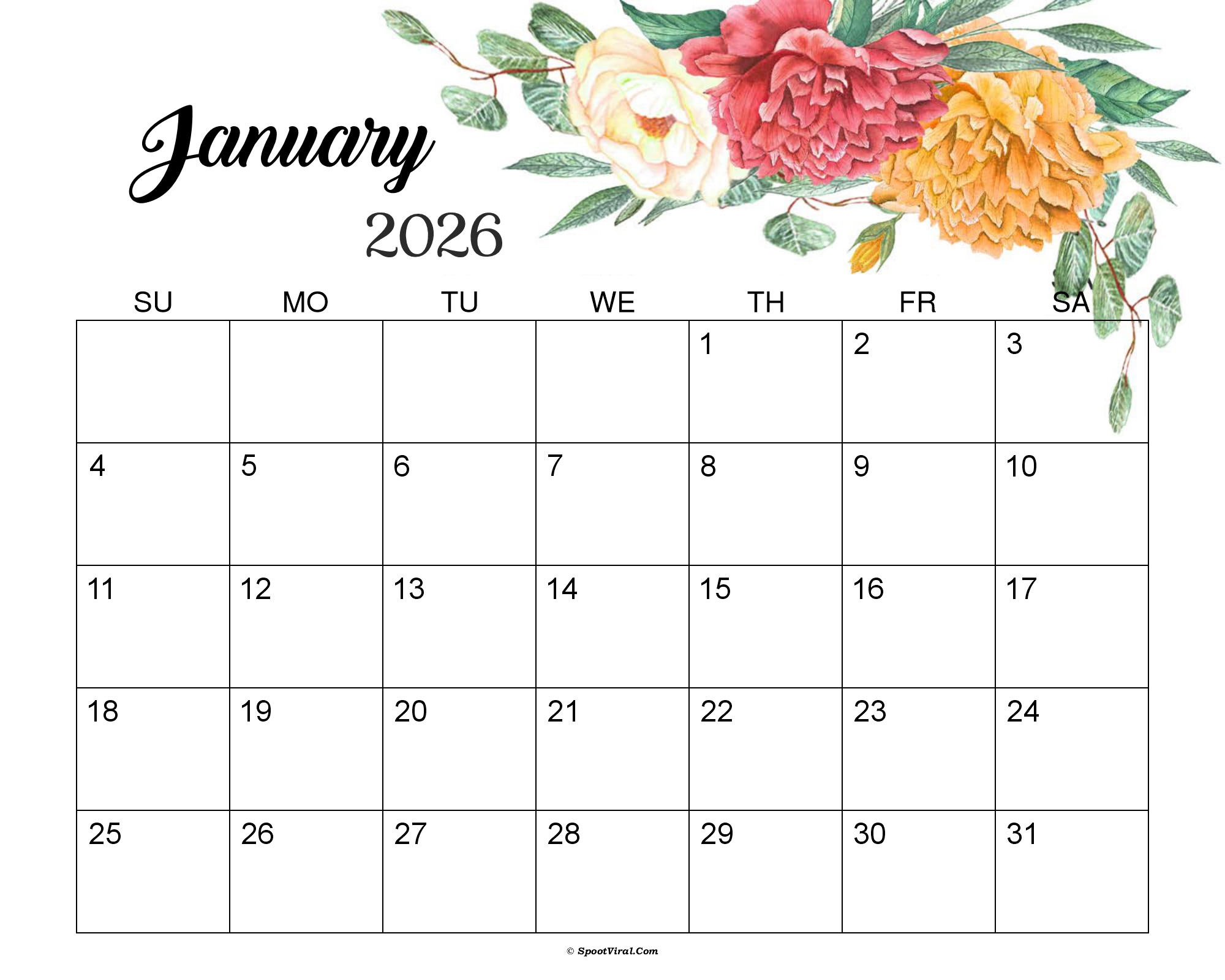 January 2026 Calendar Cute