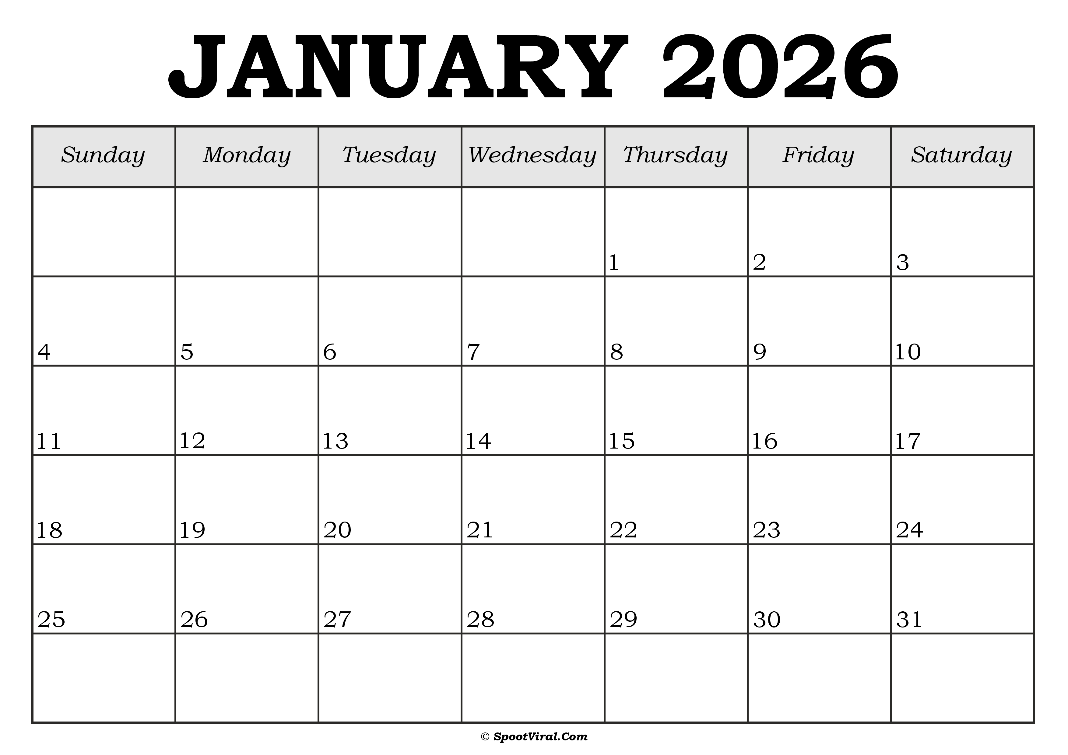 January 2026 Calendar Template