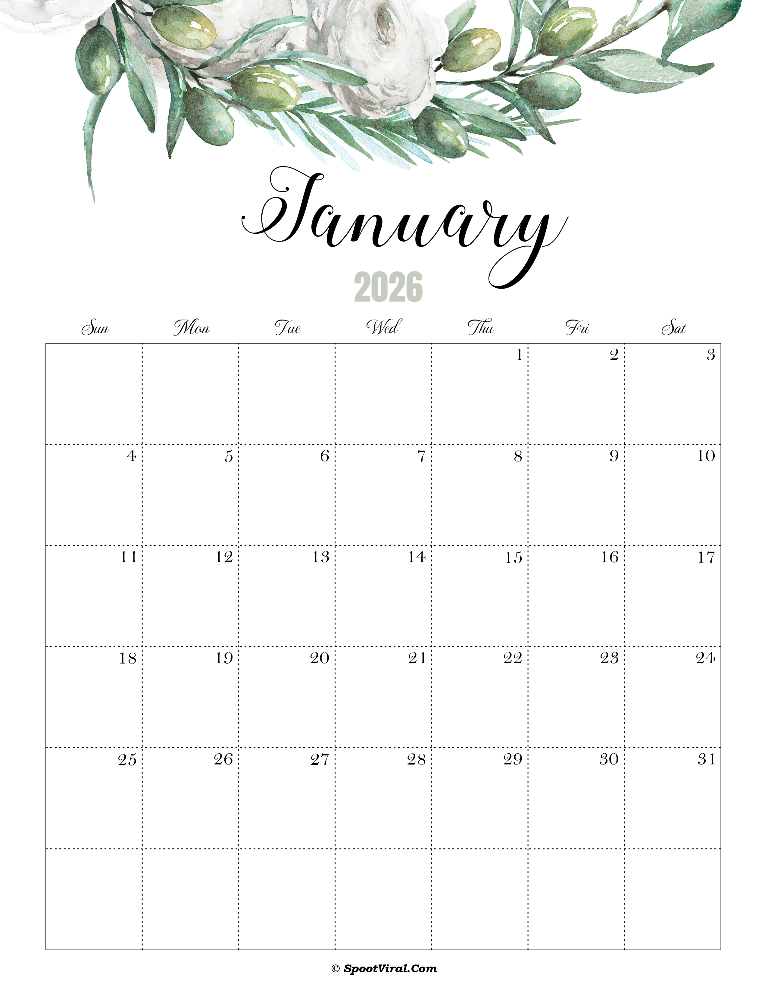 January Calendar 2026 Cute