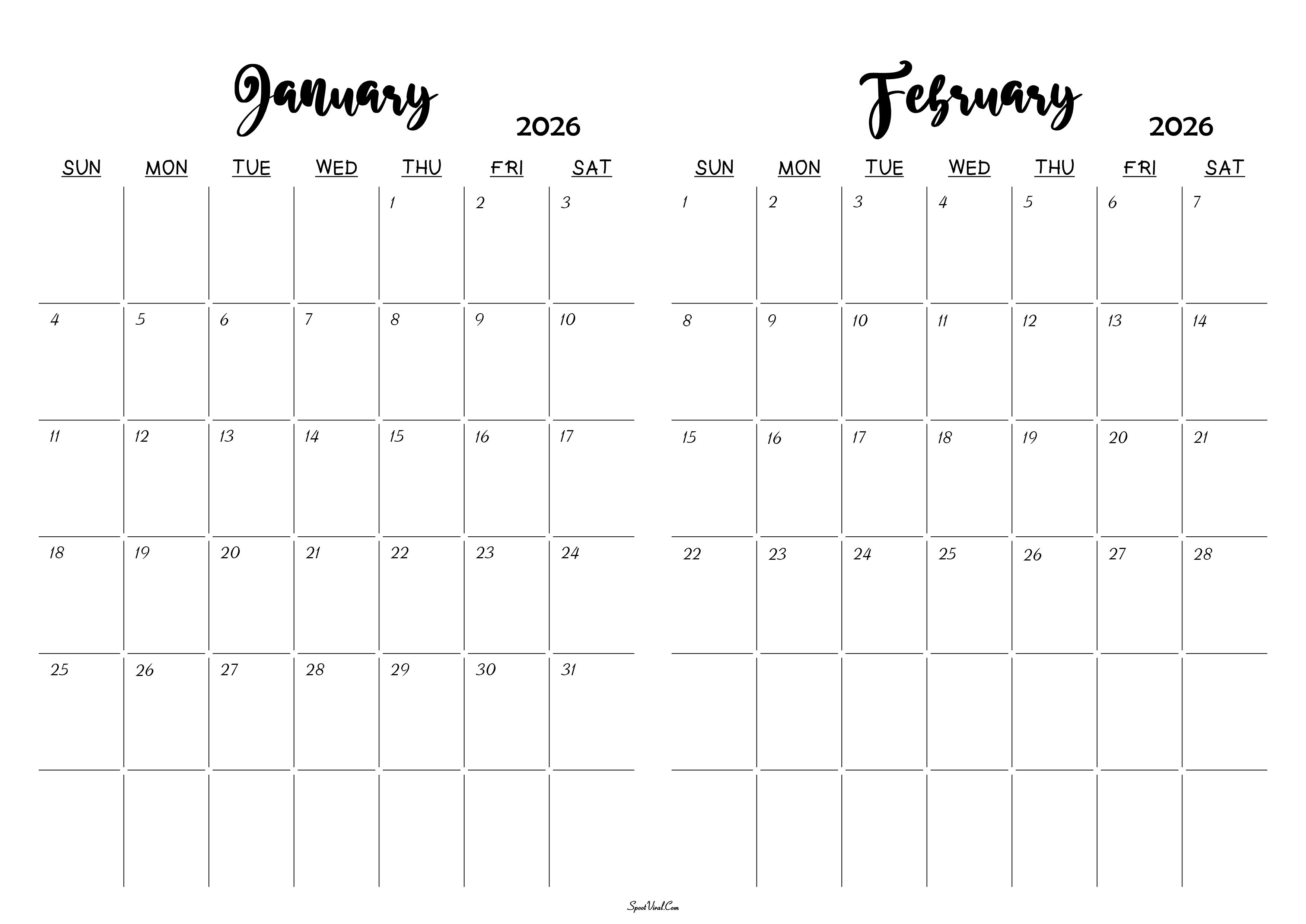 January February 2026 Calendar