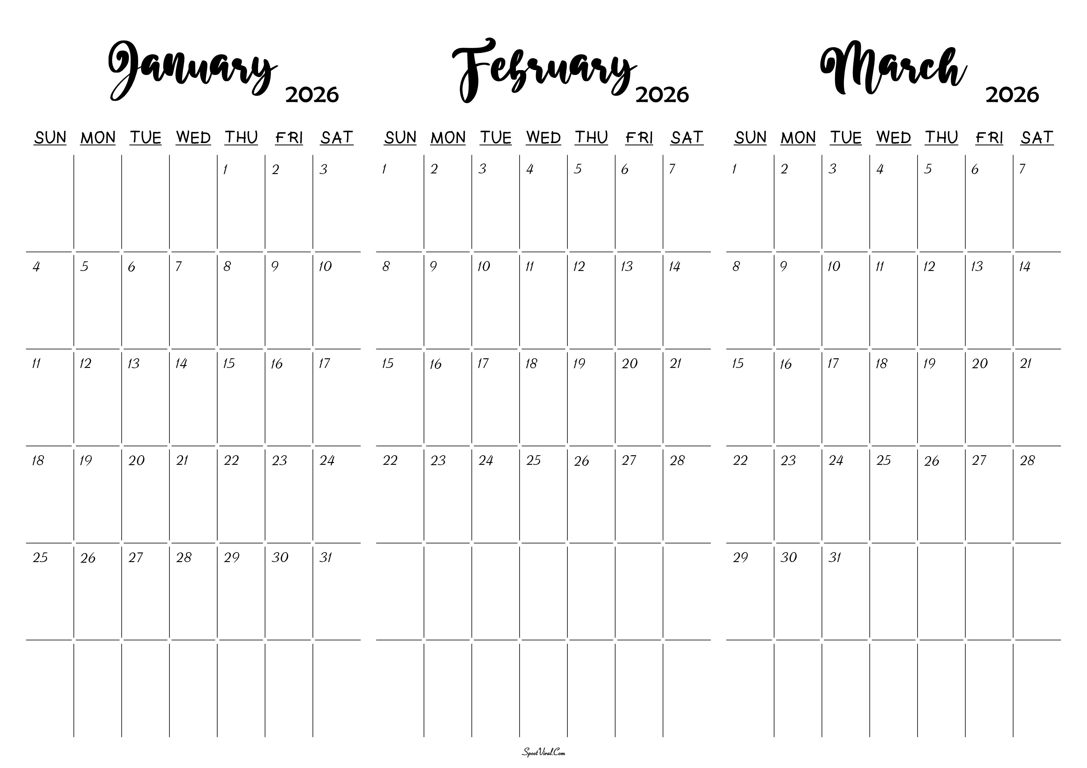 January February March 2026 Calendar