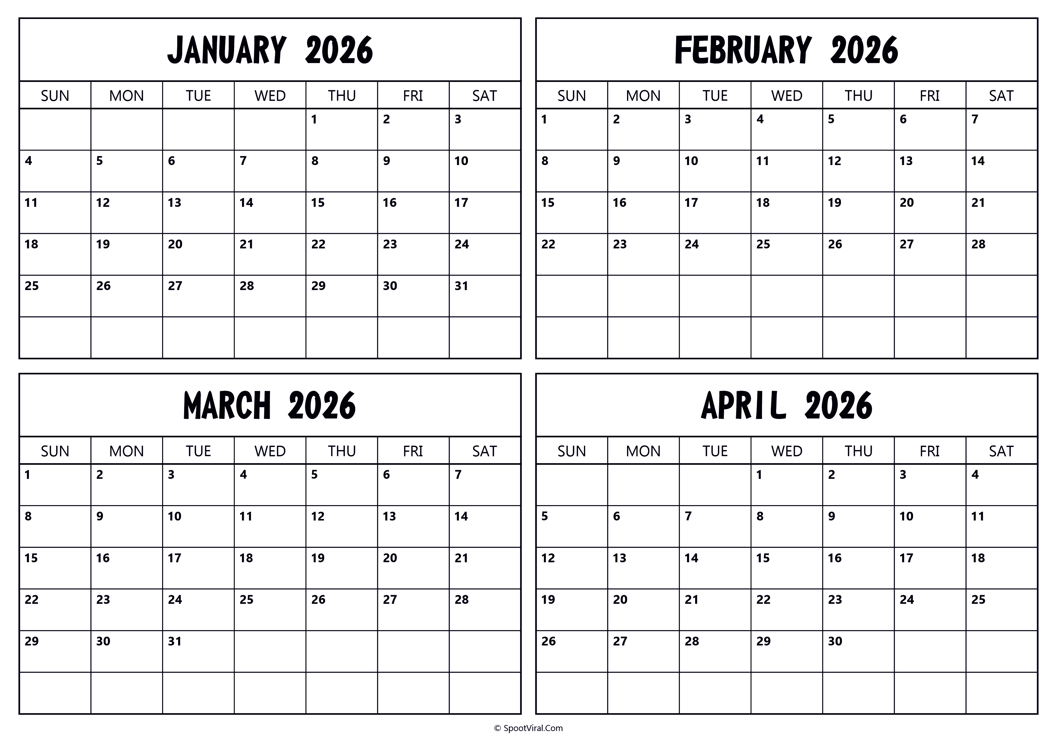January February March April 2026 Calendar