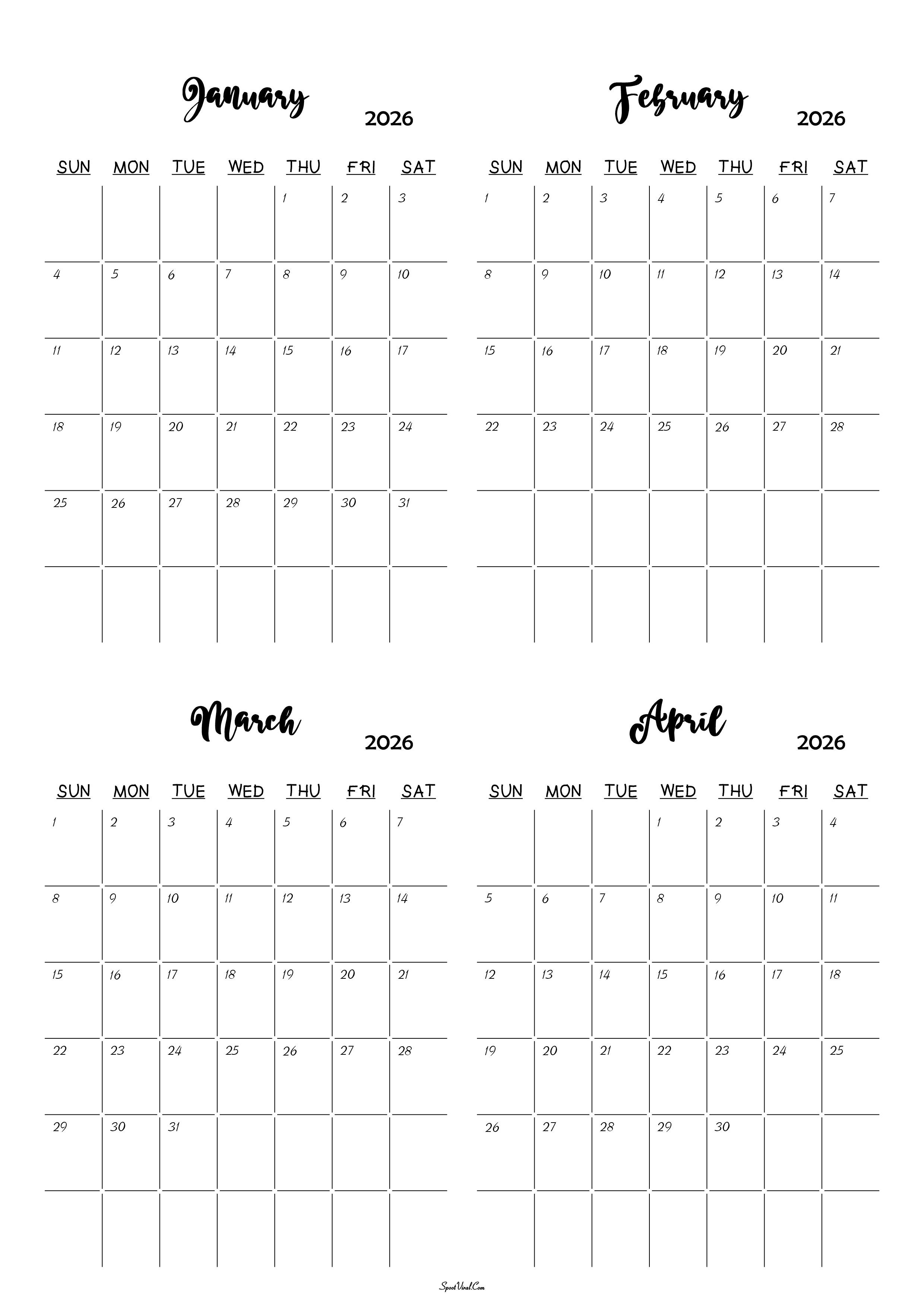January to April 2026 Calendar