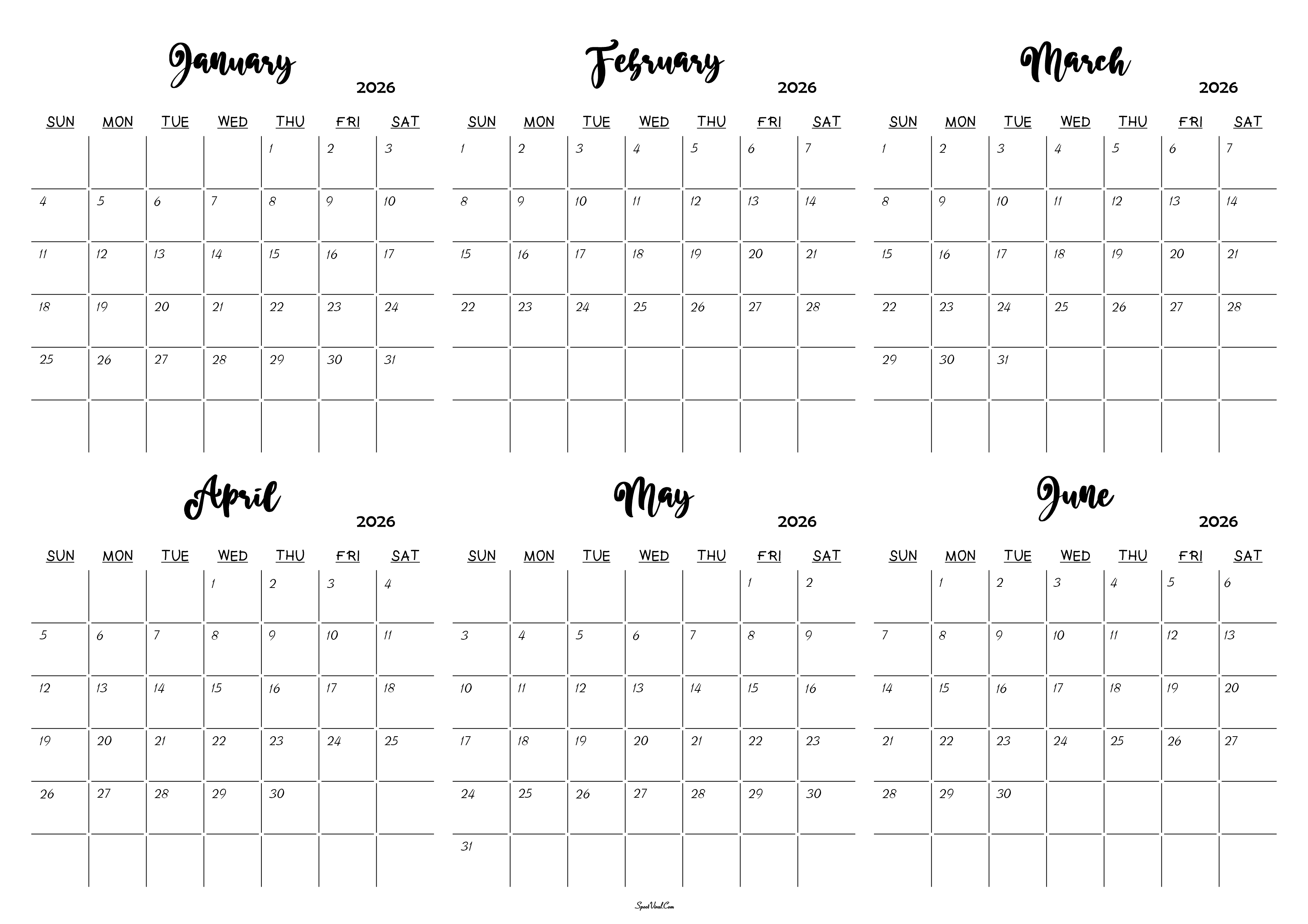 January to June 2026 Calendar