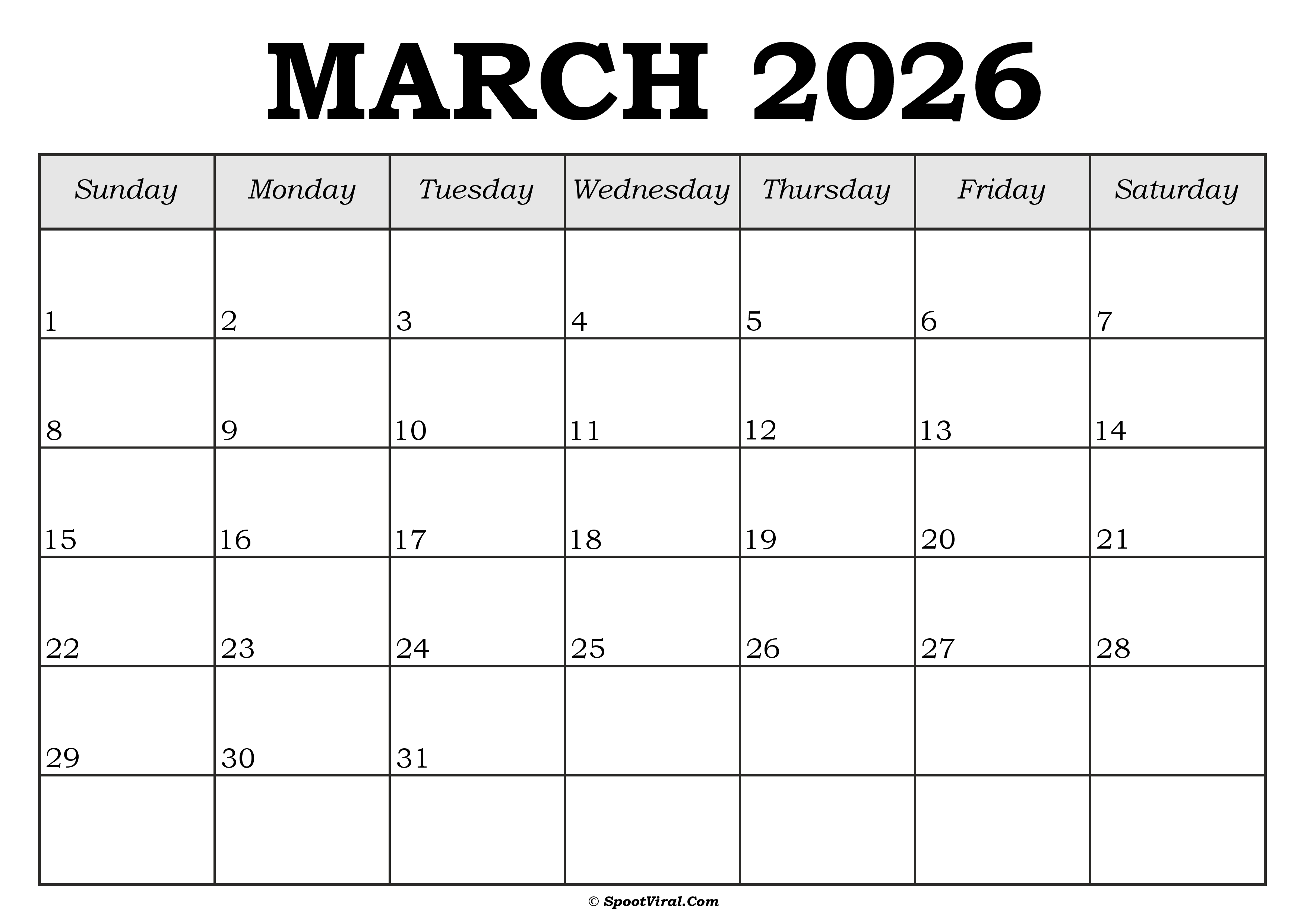March 2026 Calendar Template