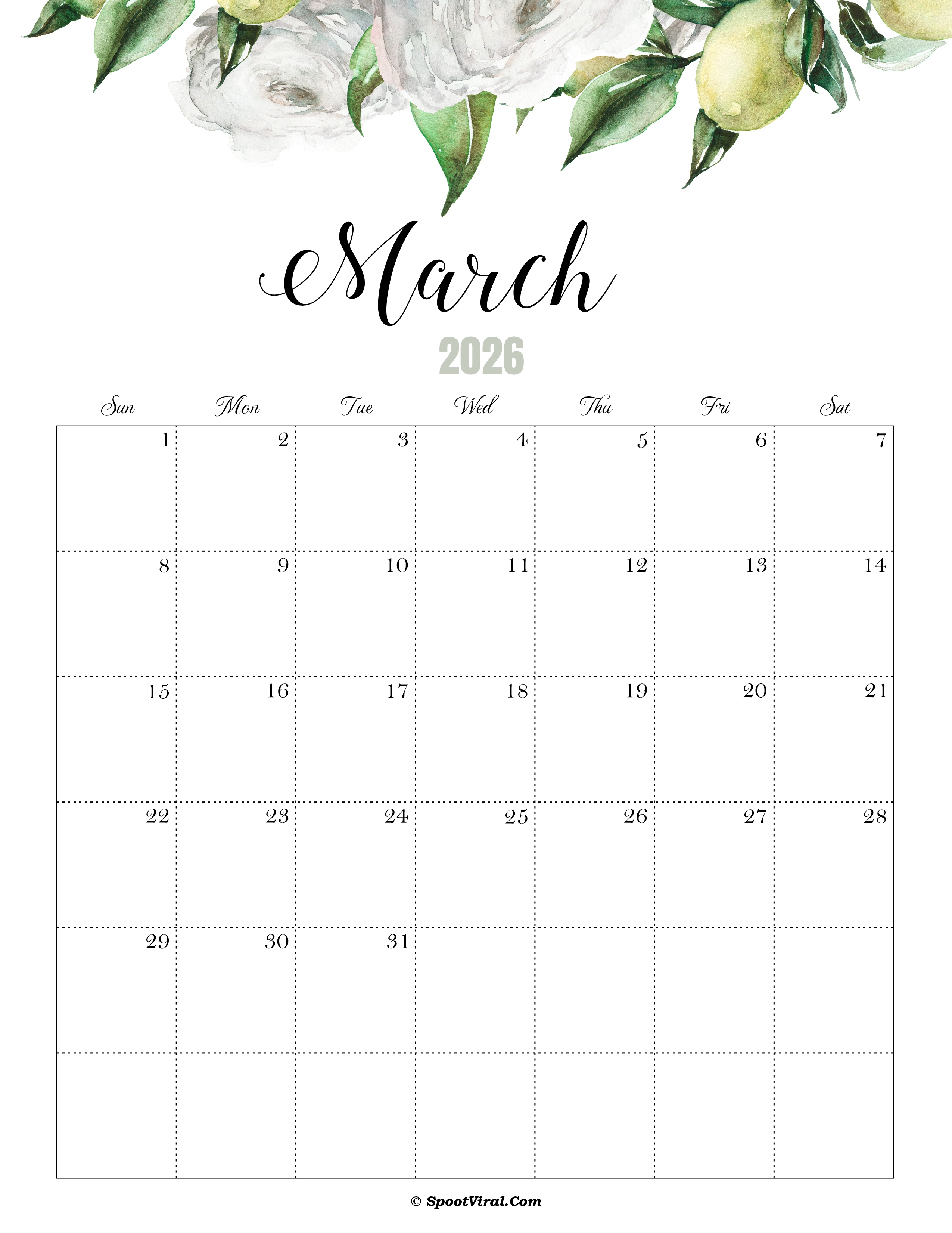March Calendar 2026 Cute