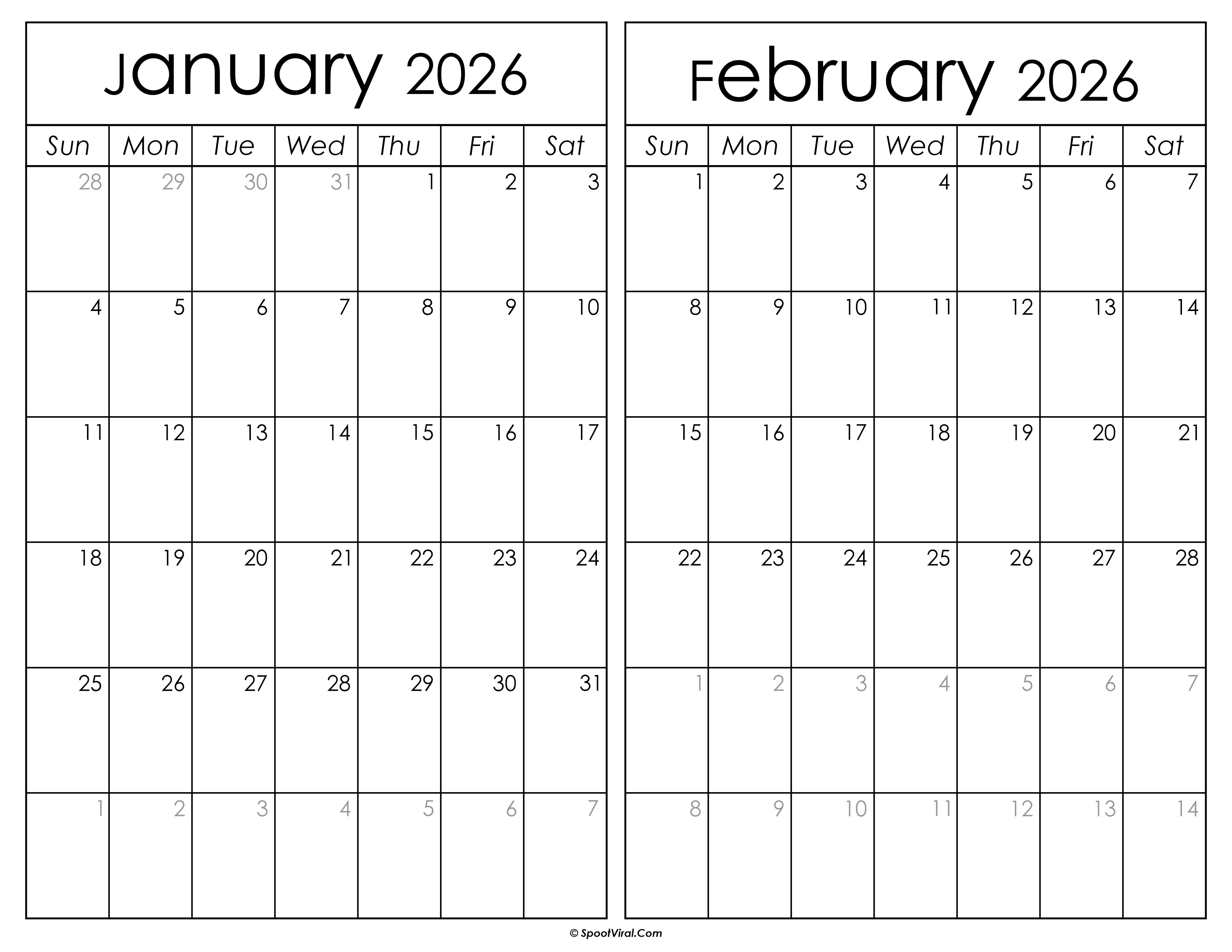 Printable January February 2026 Calendar