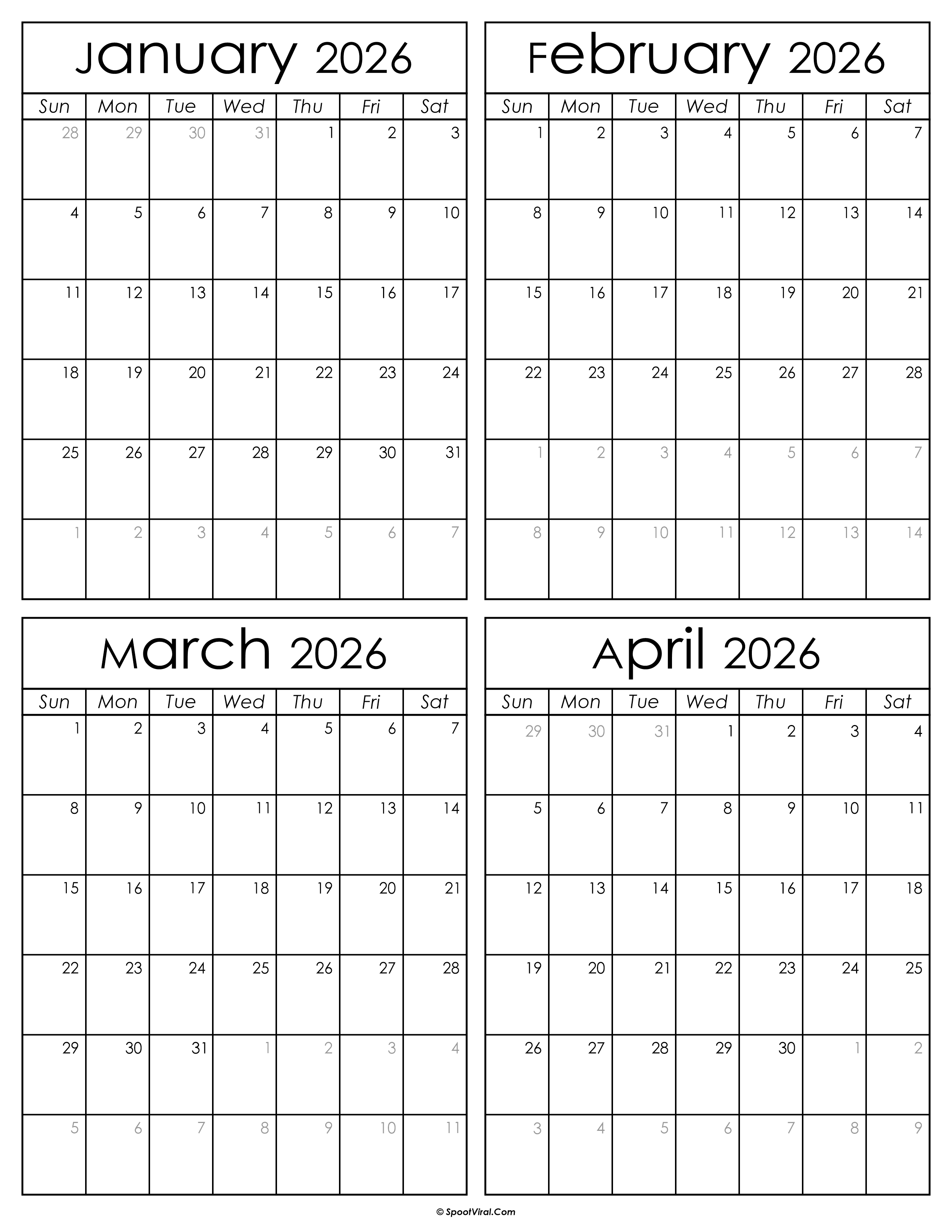 Printable January to April 2026 Calendars
