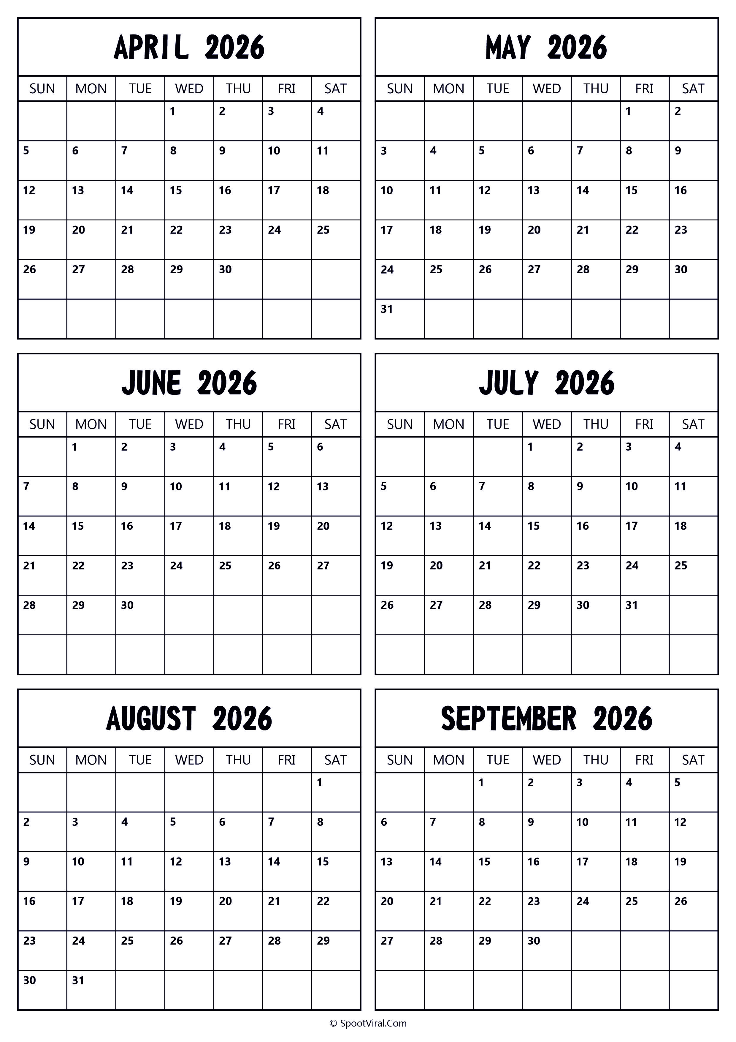 2026 April to September Calendar