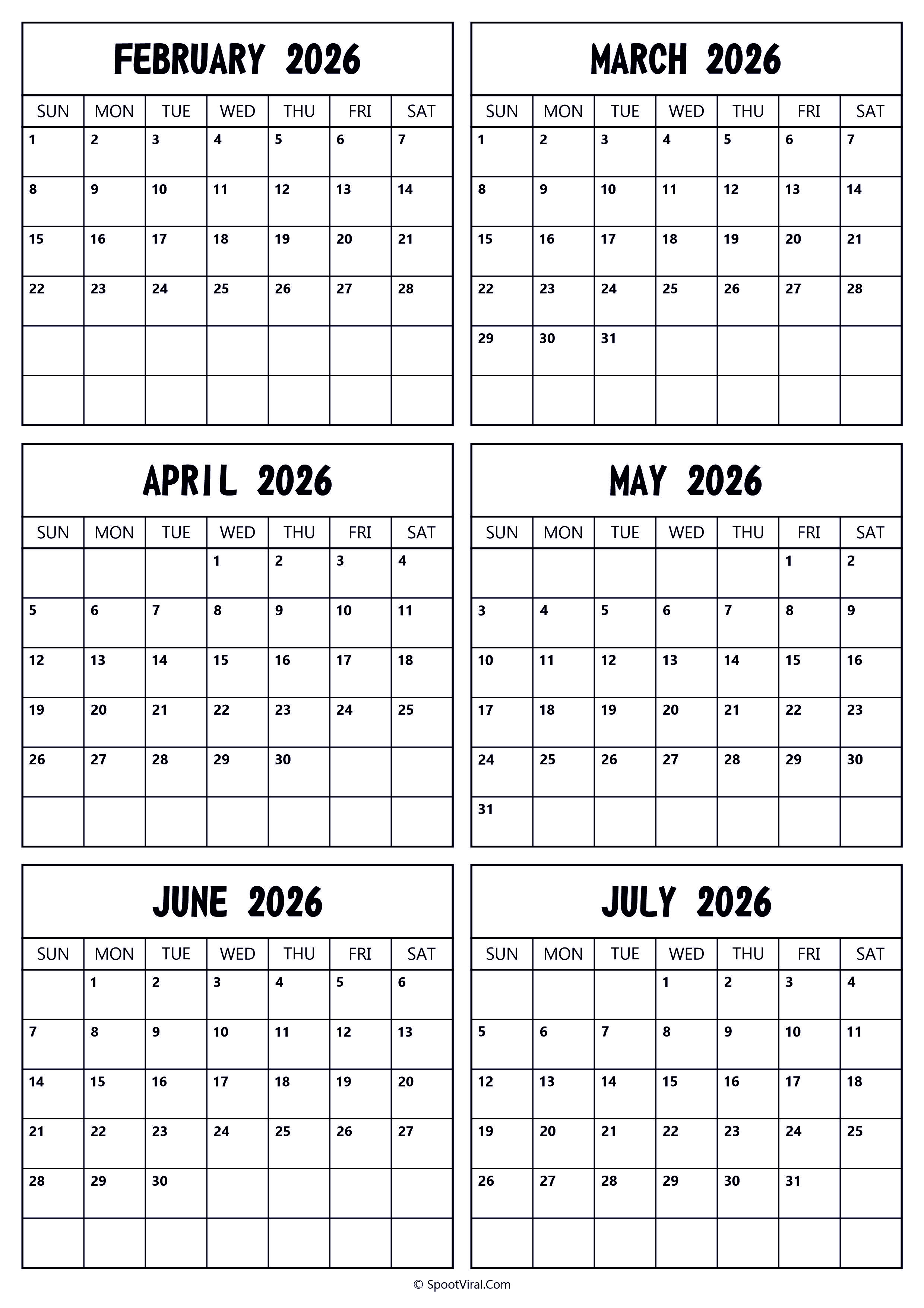 2026 February to July Calendar