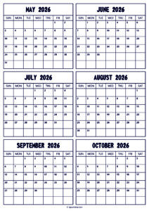 2026 May to October Calendar