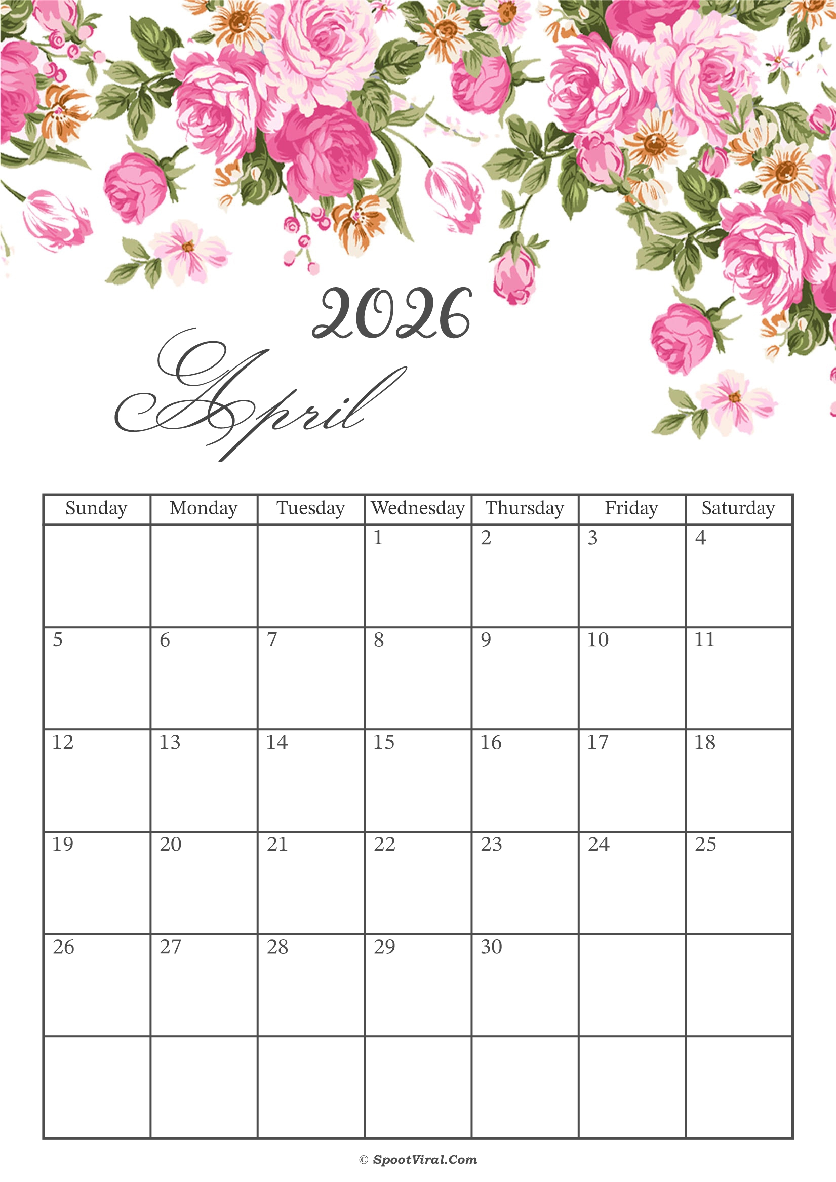 April 2026 Calendar Floral