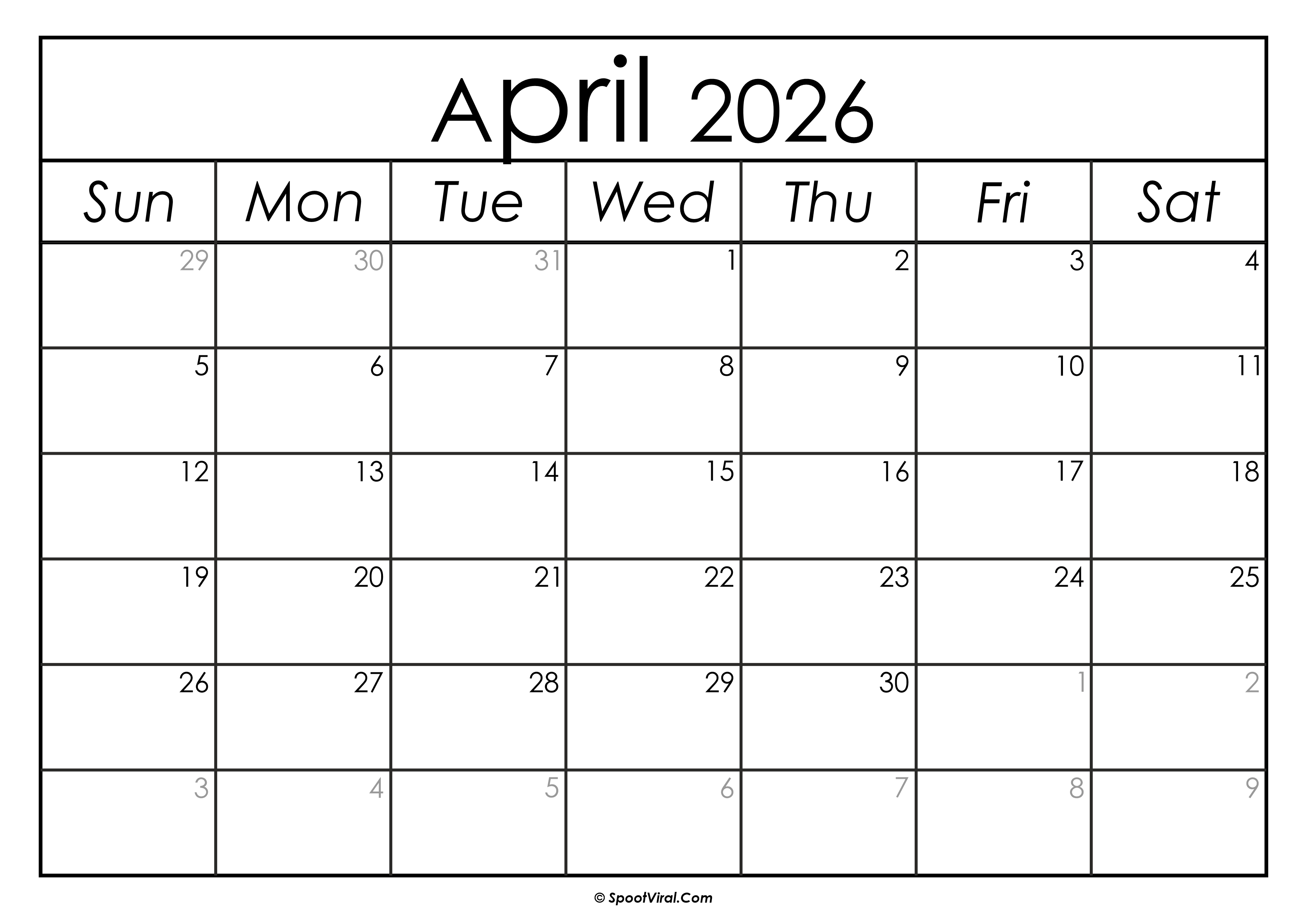 April 2026 Calendar Printable