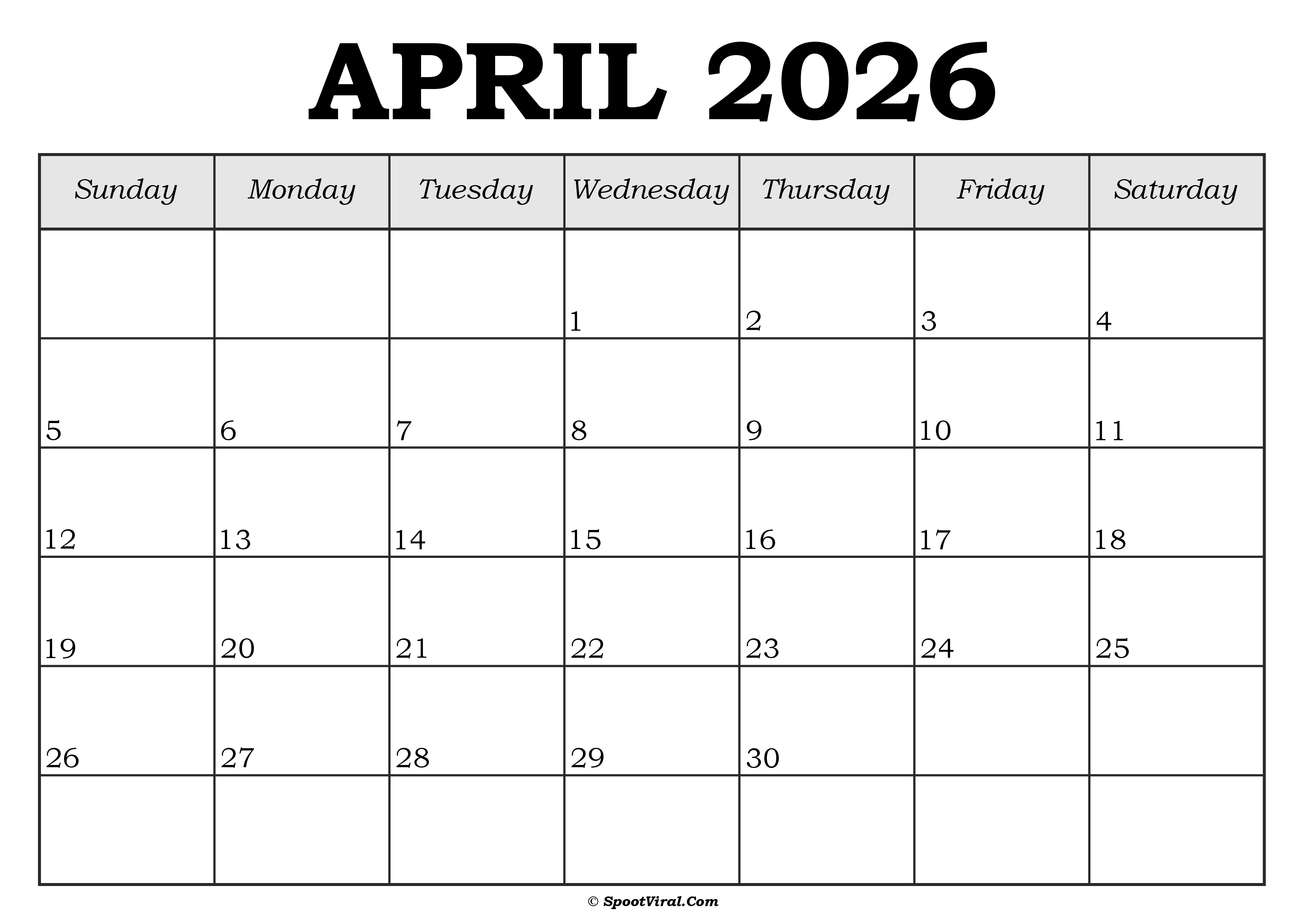 April 2026 Calendar Template