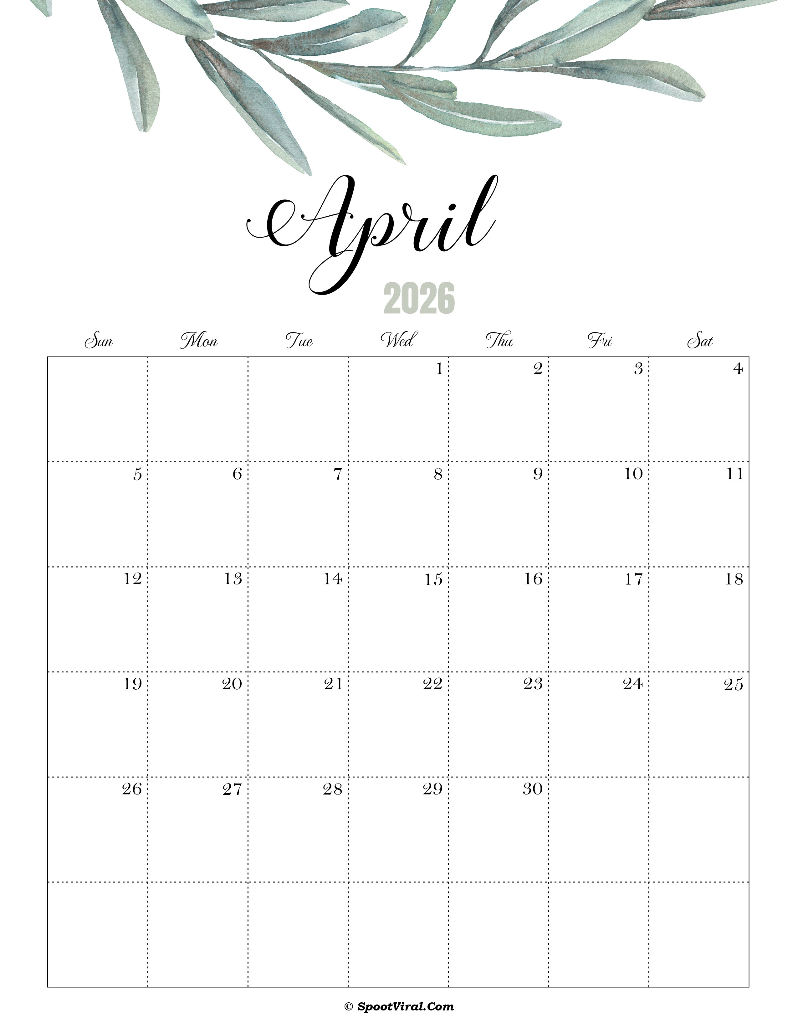 April Calendar 2026 Cute