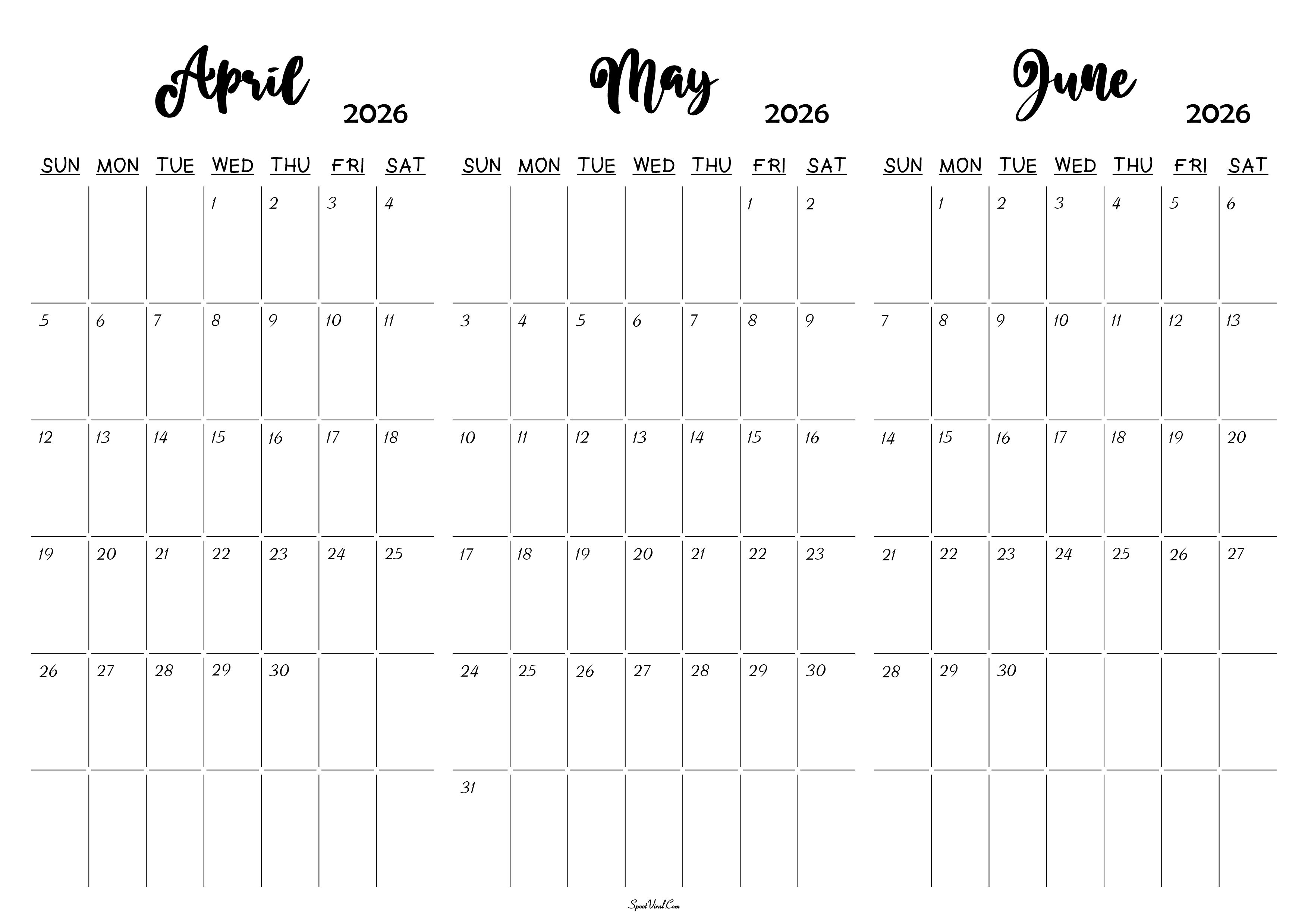 April May June 2026 Calendar