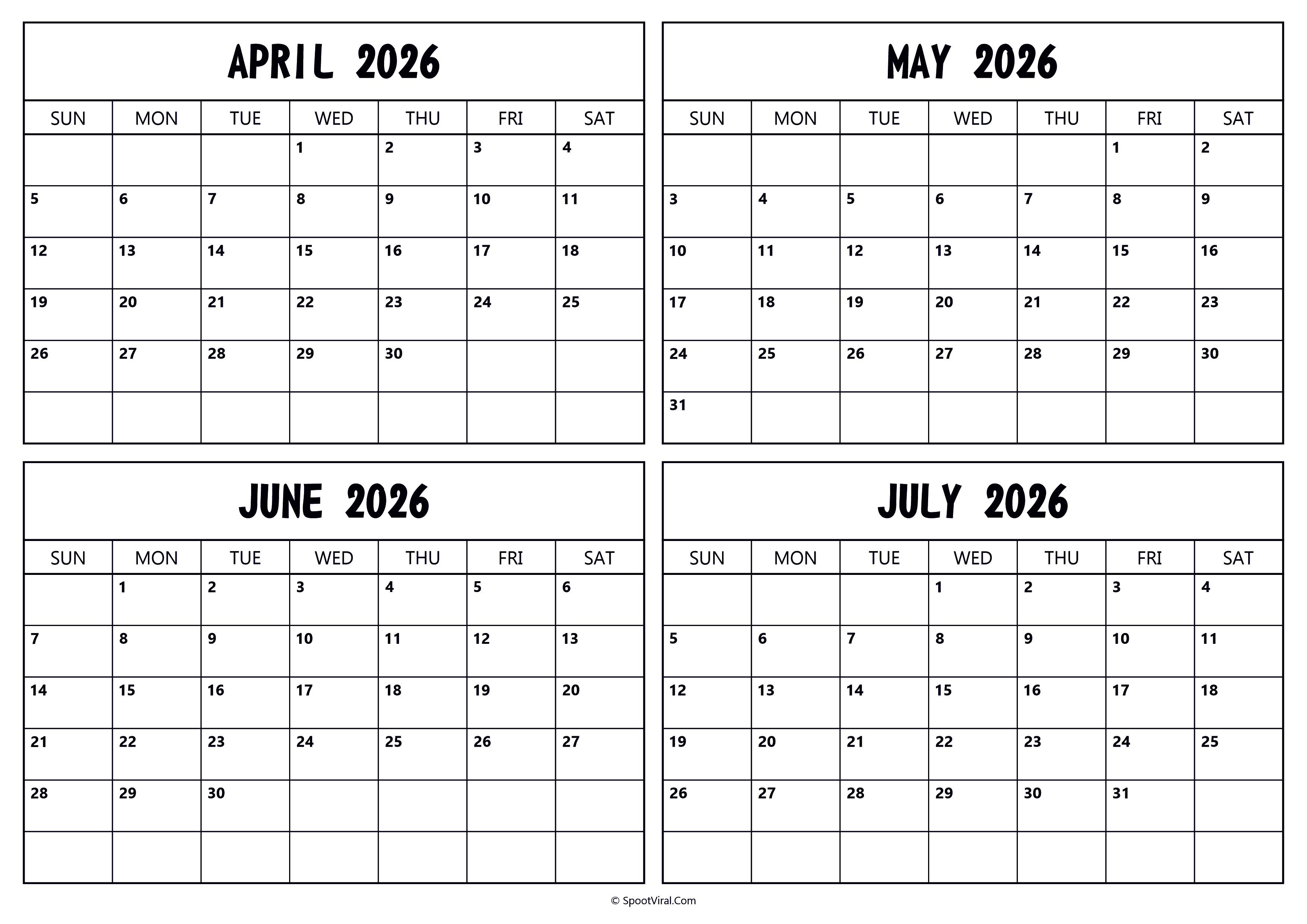 April May June July 2026 Calendar