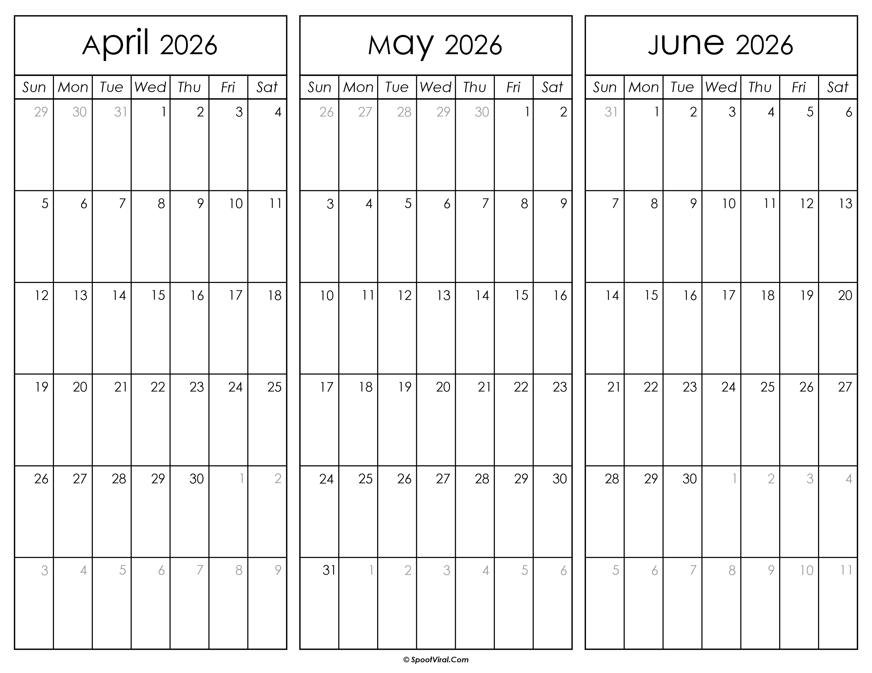 April May and June Calendar 2026