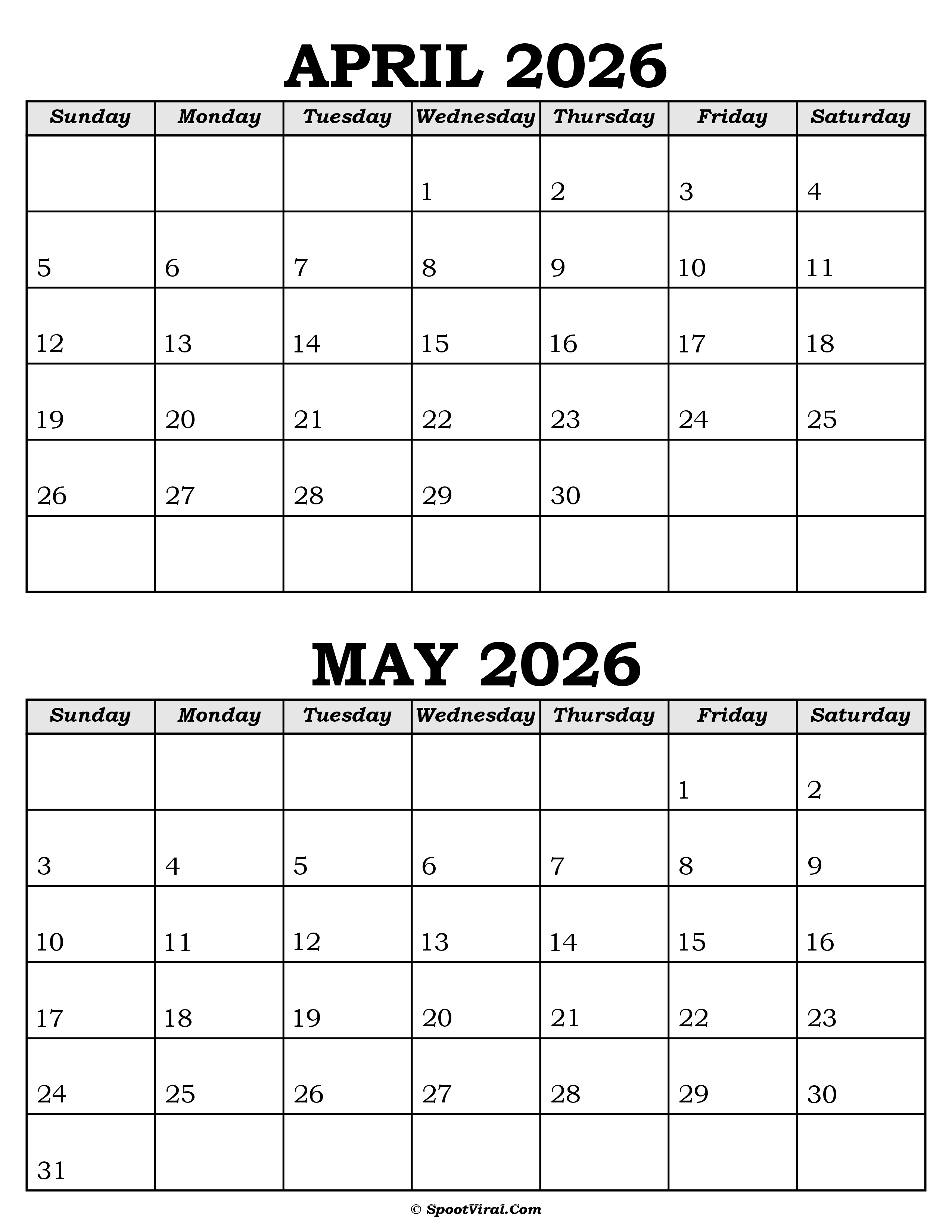 April and May Calendar 2026