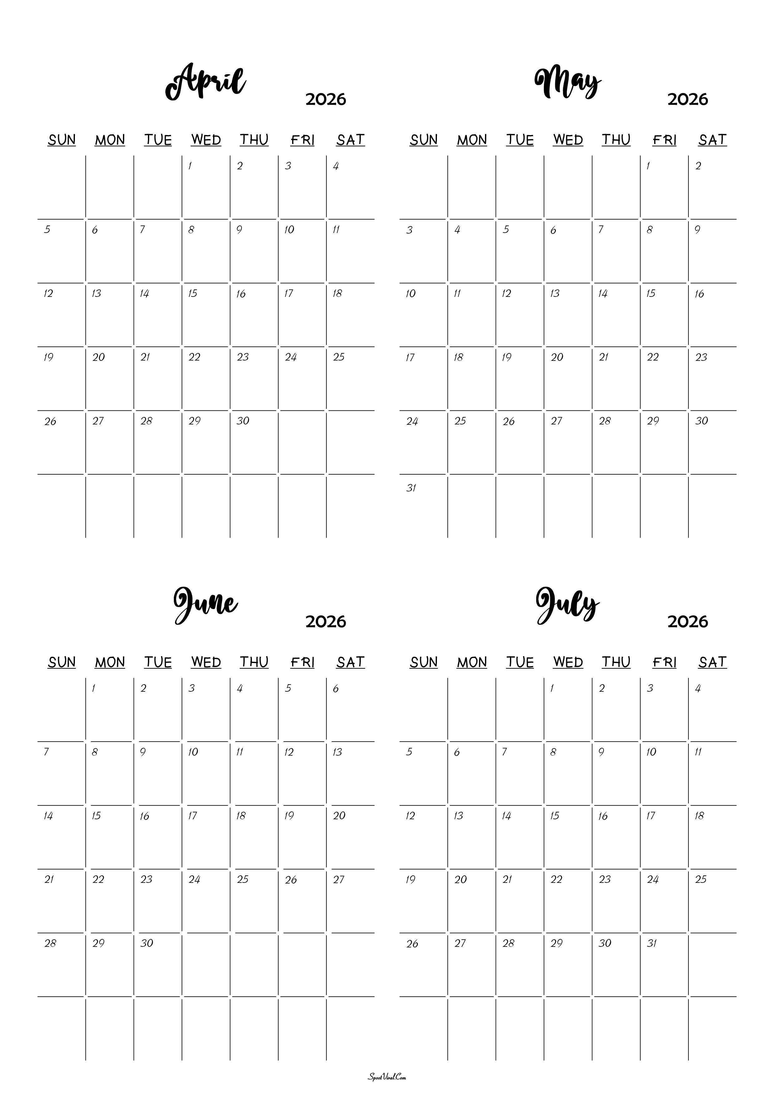 April to July 2026 Calendar