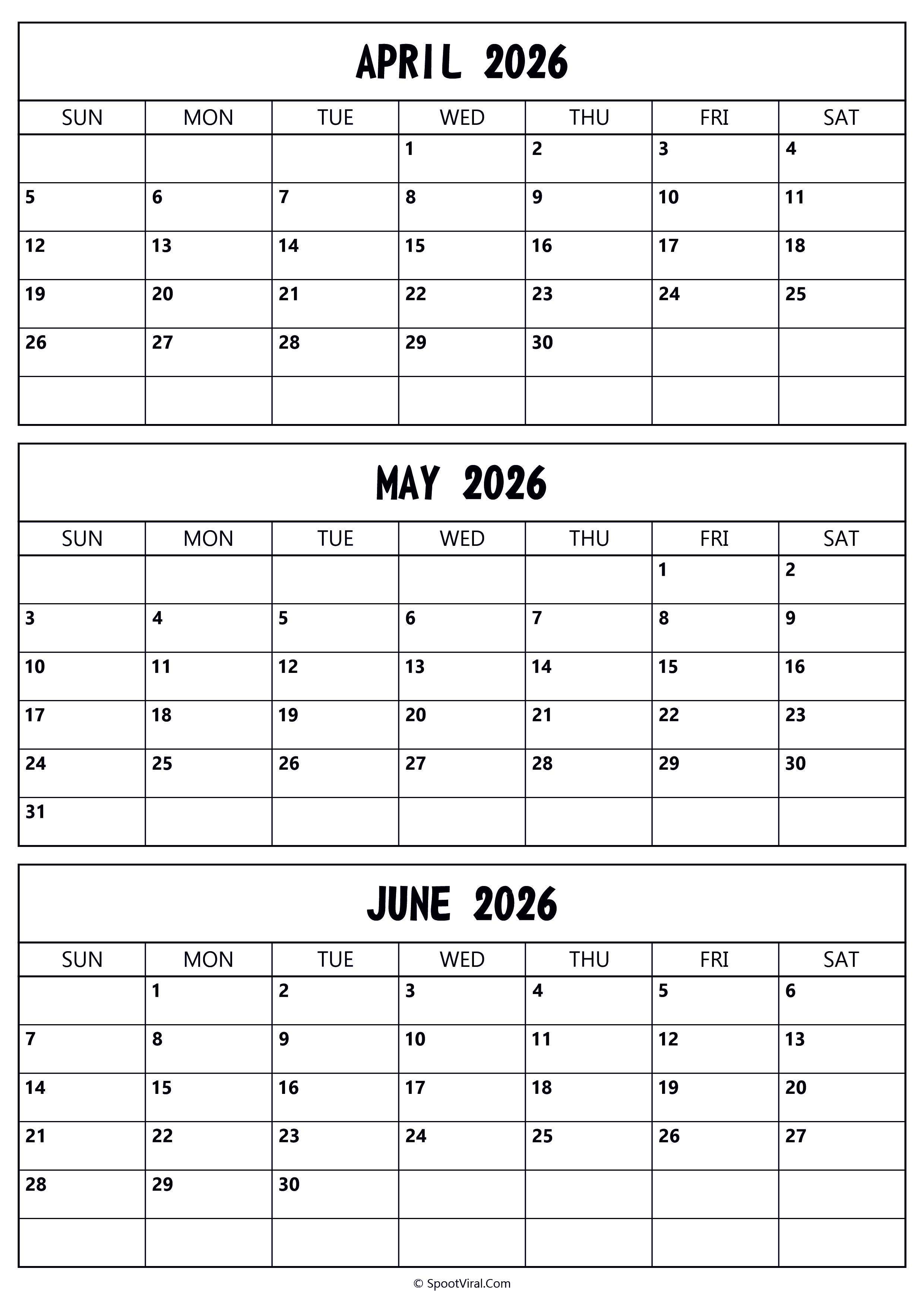April to June 2026 Calendar