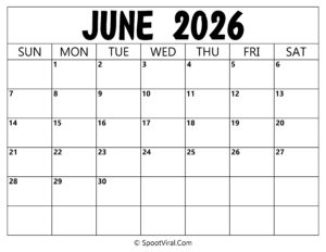 Blank Calendar June 2026