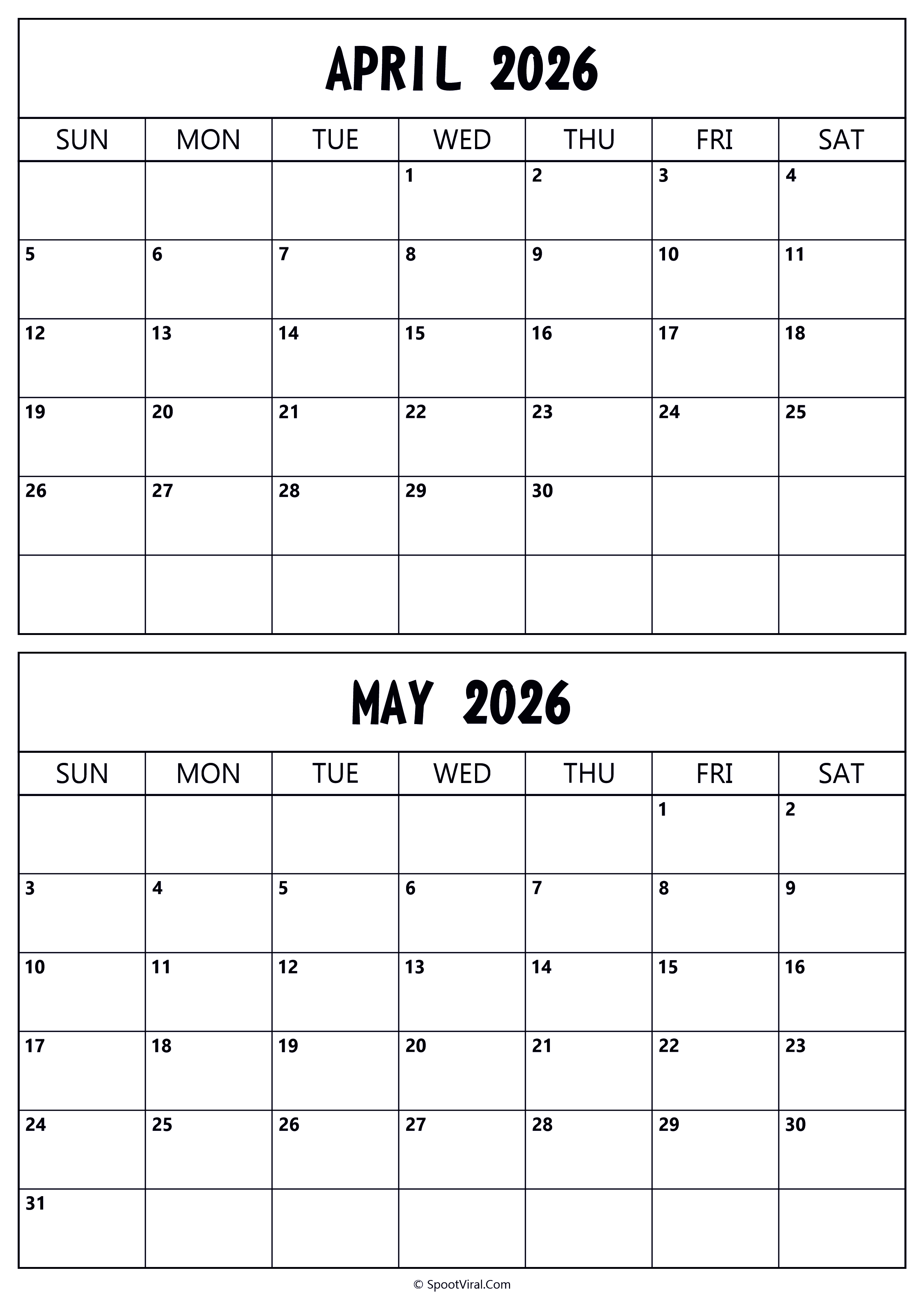Calendar 2026 April May