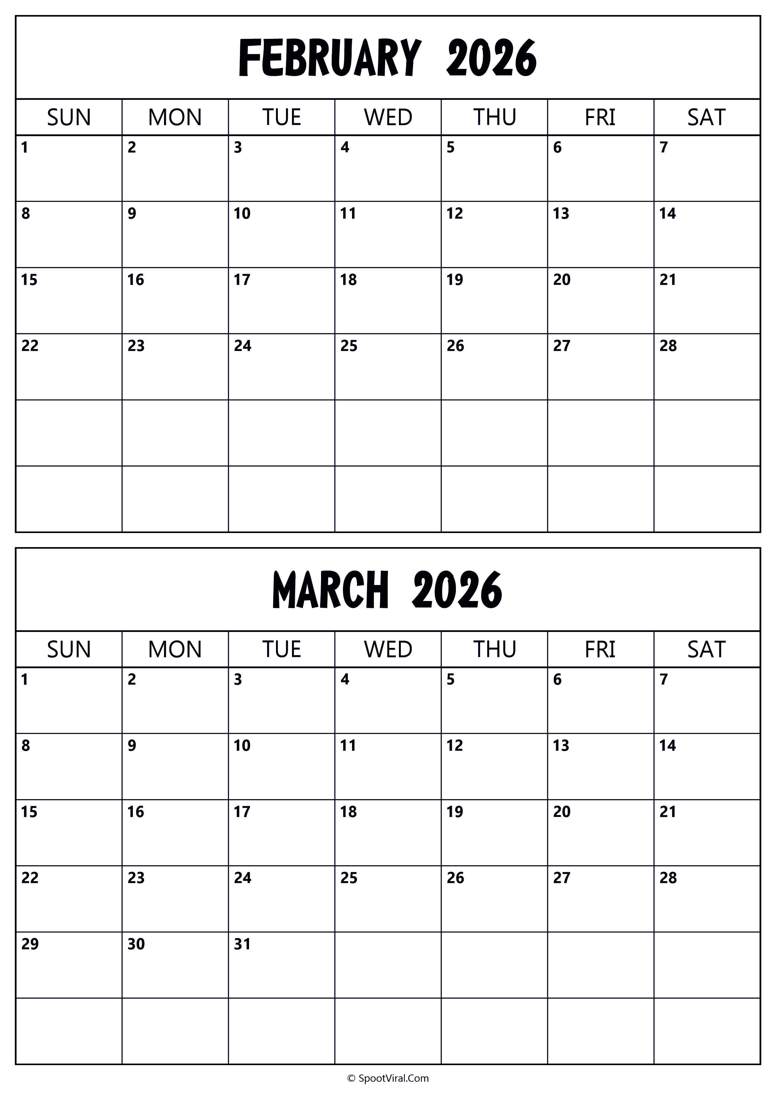 Calendar 2026 February March