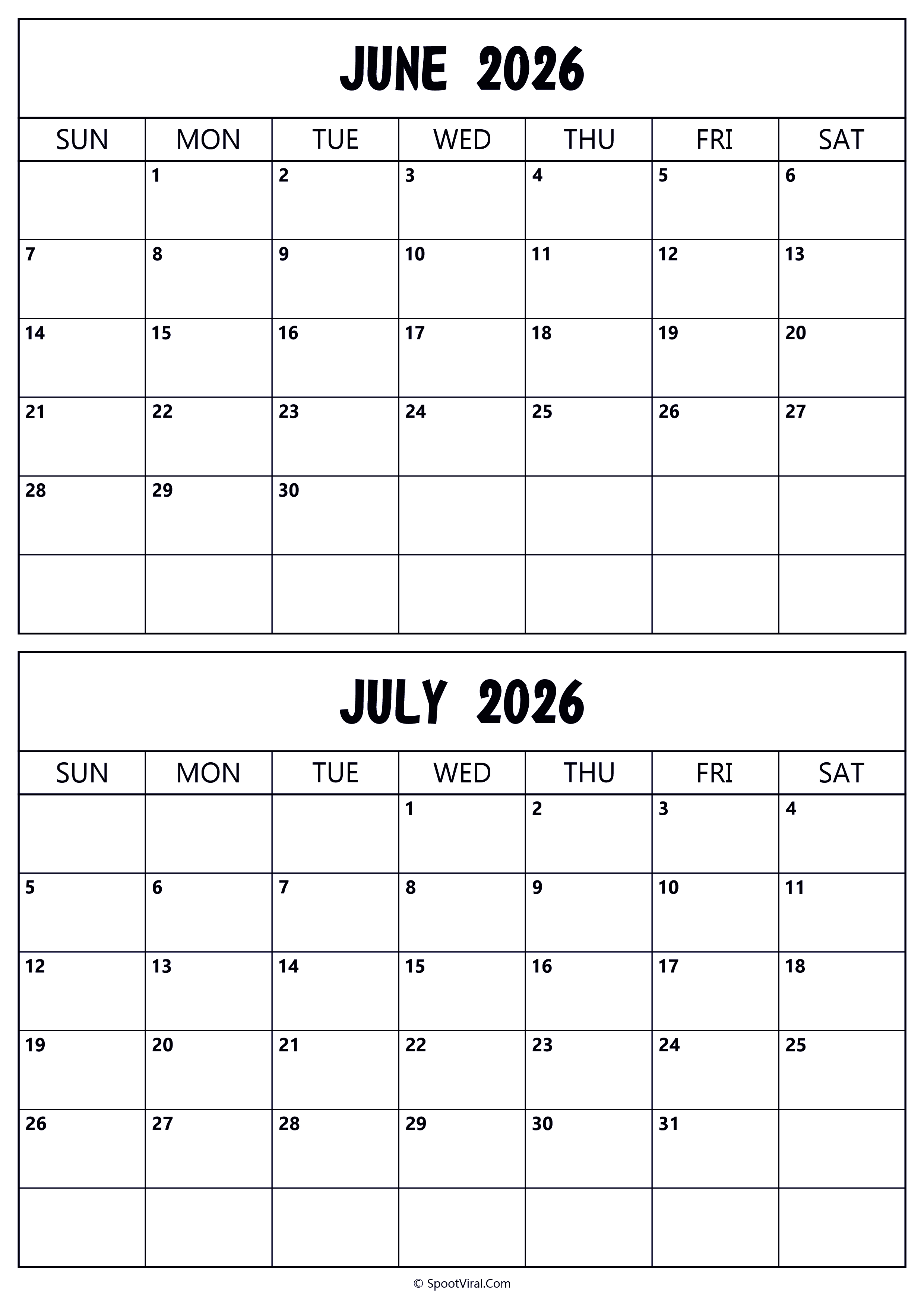 Calendar 2026 June July
