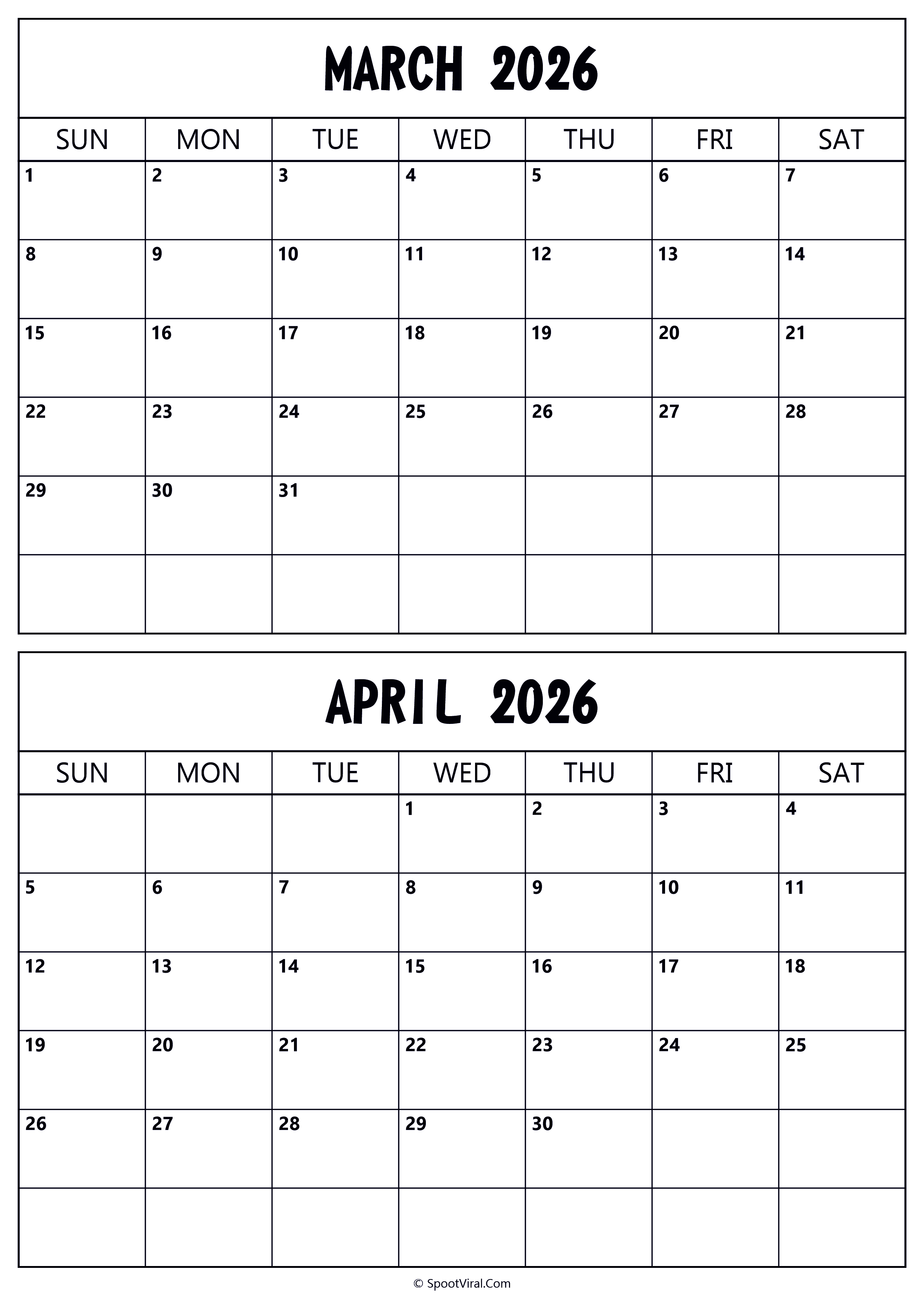 Calendar 2026 March April