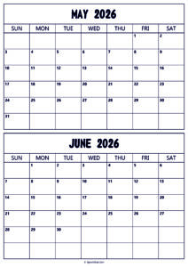 Calendar 2026 May June