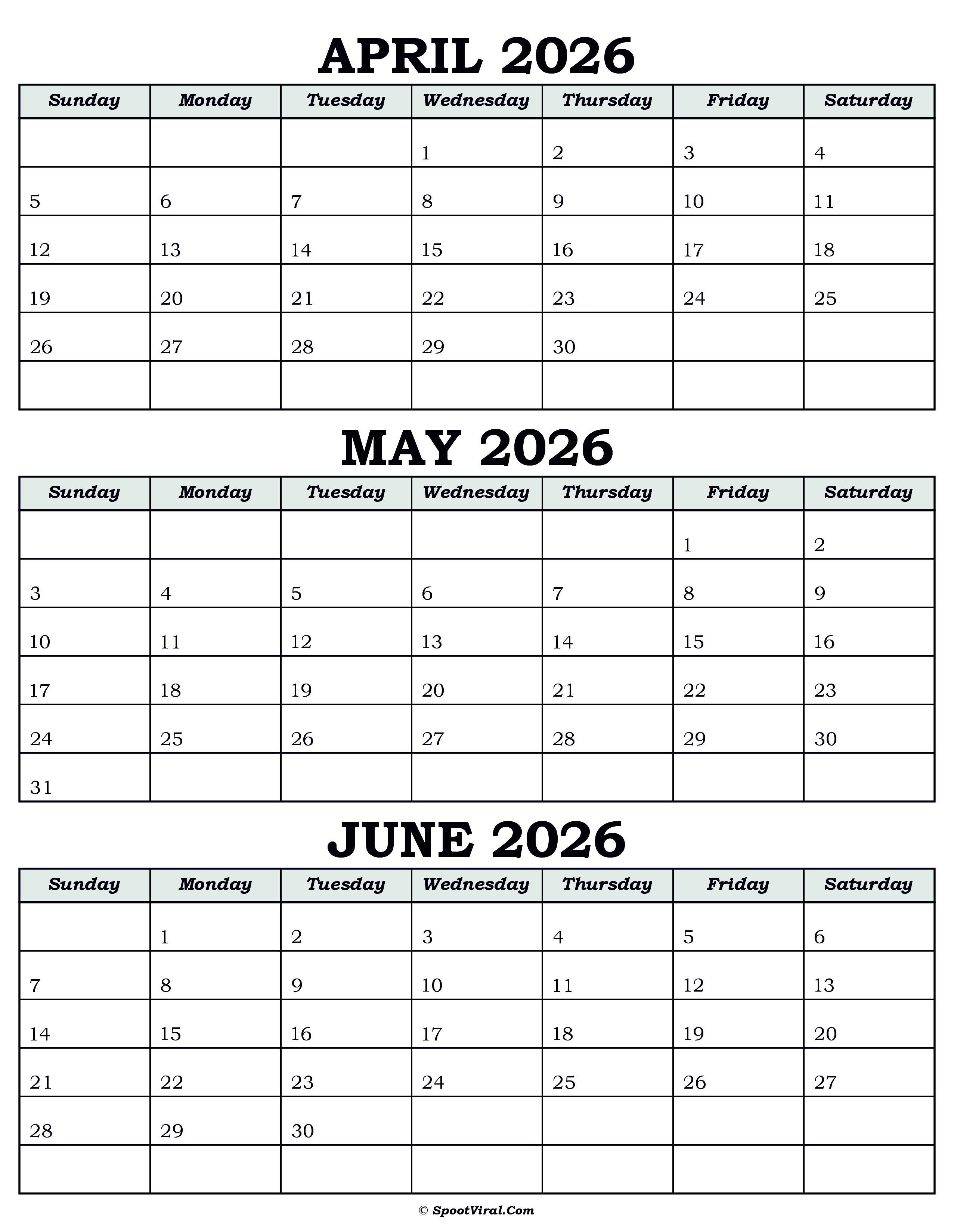 Calendar April May June 2026
