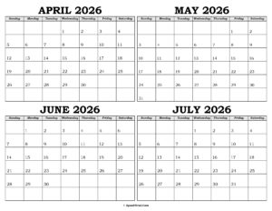Calendar April to July 2026
