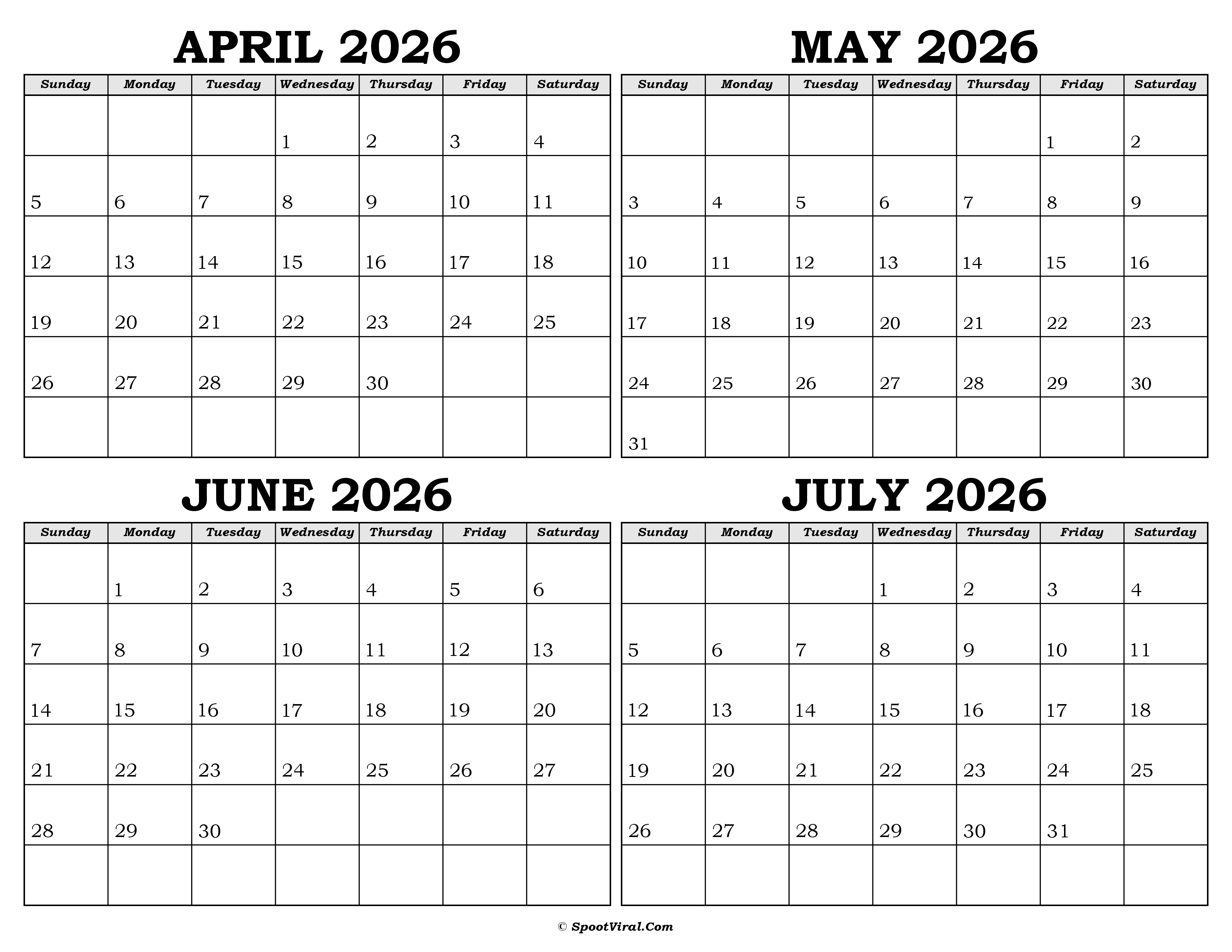 Calendar April to July 2026