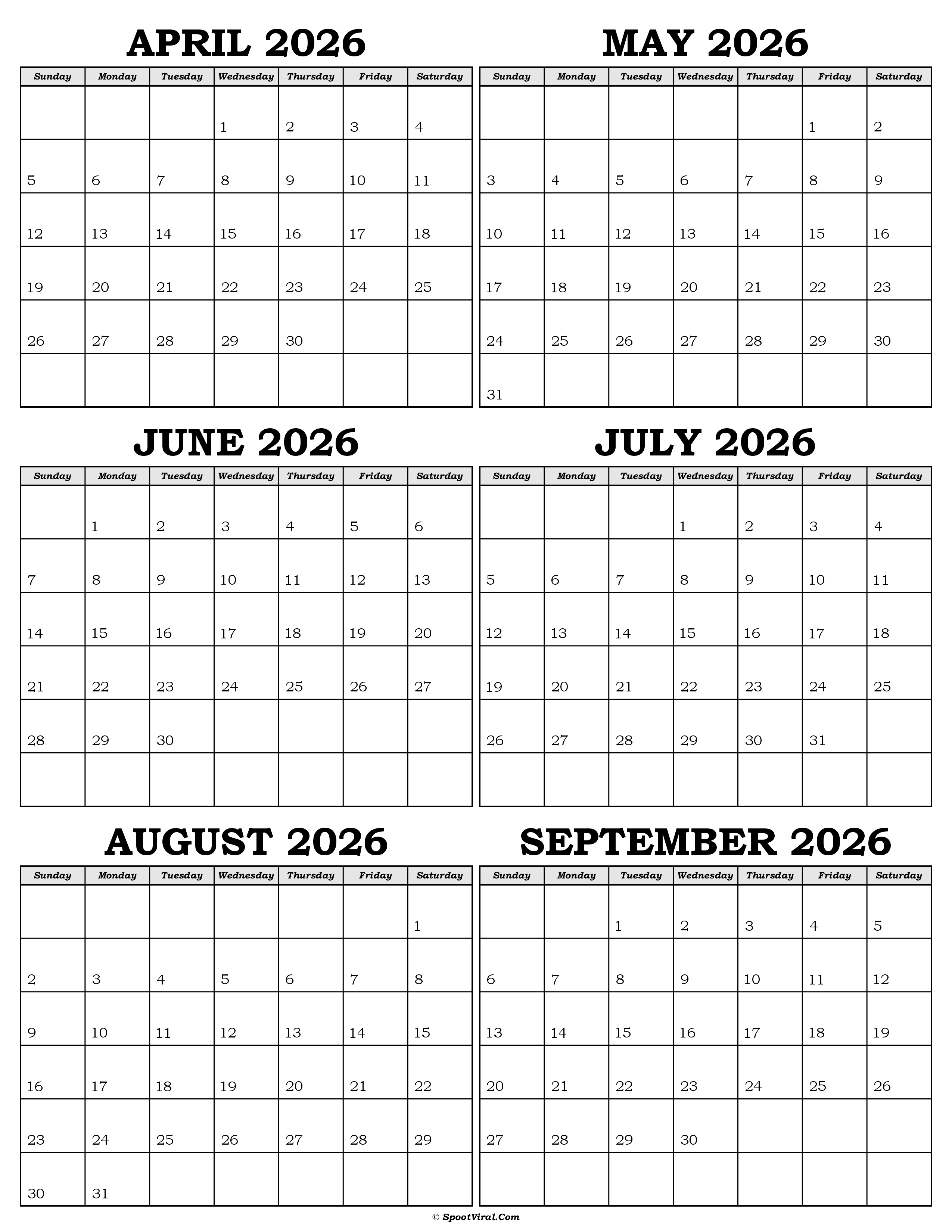 Calendar April to September 2026