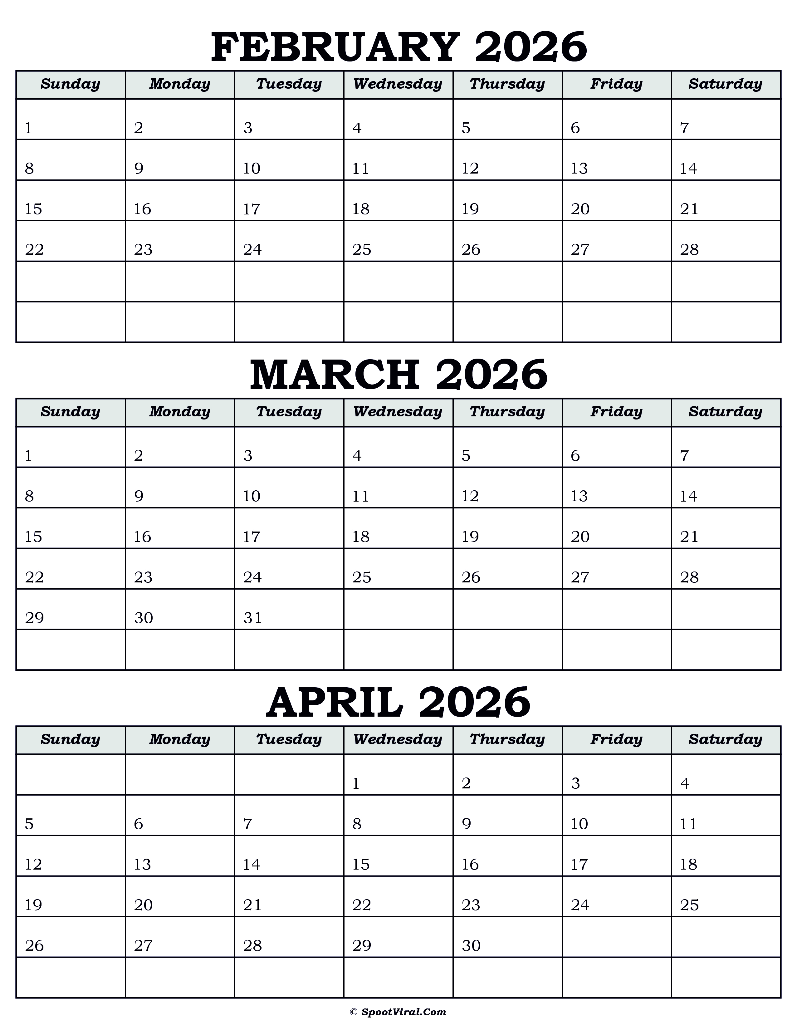 Calendar February March April 2026