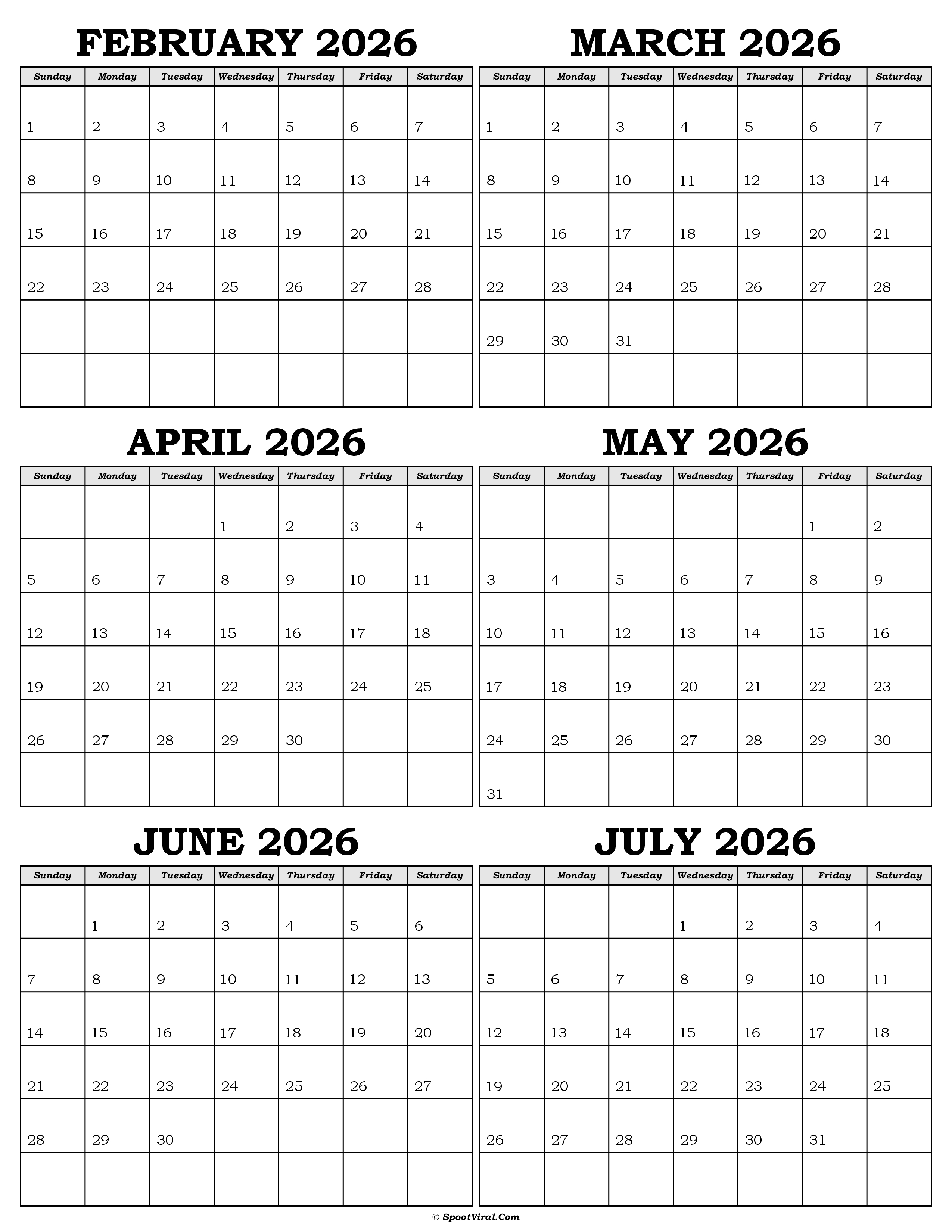 Calendar February to July 2026