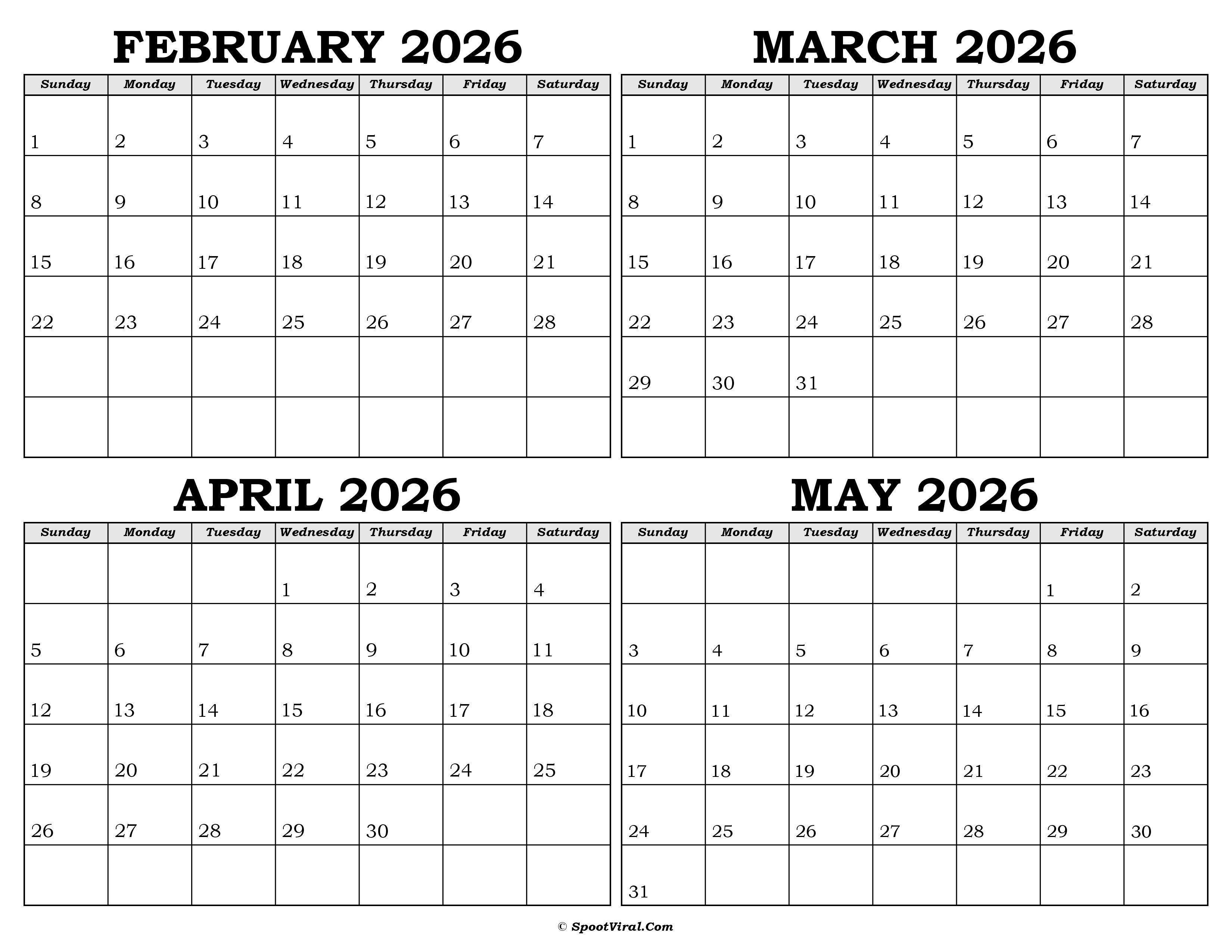Calendar February to May 2026