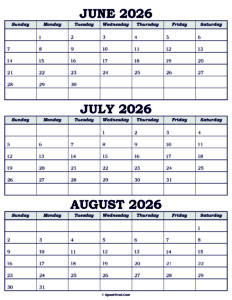 Calendar June July August 2026