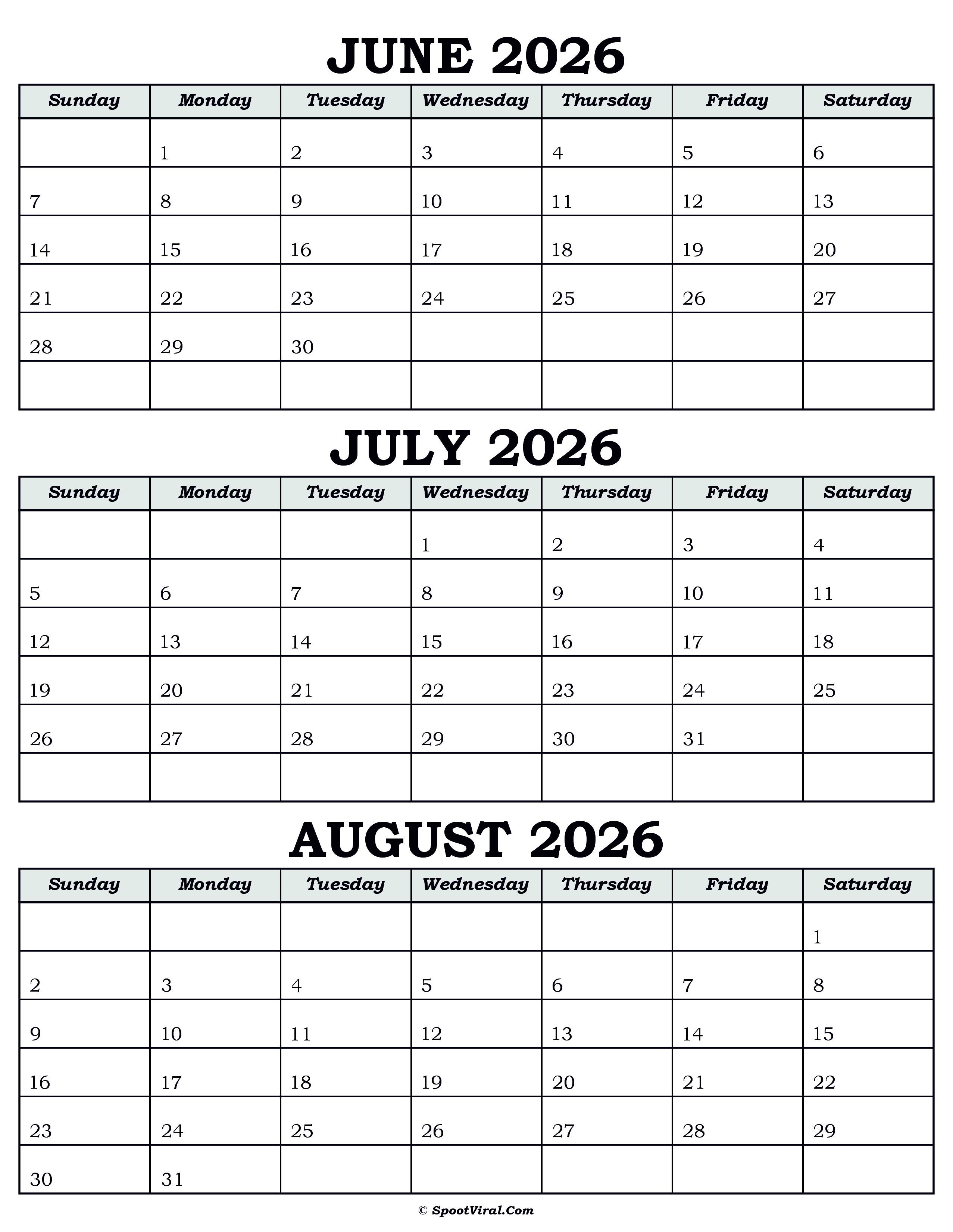 Calendar June July August 2026