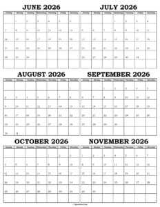 Calendar June to November 2026