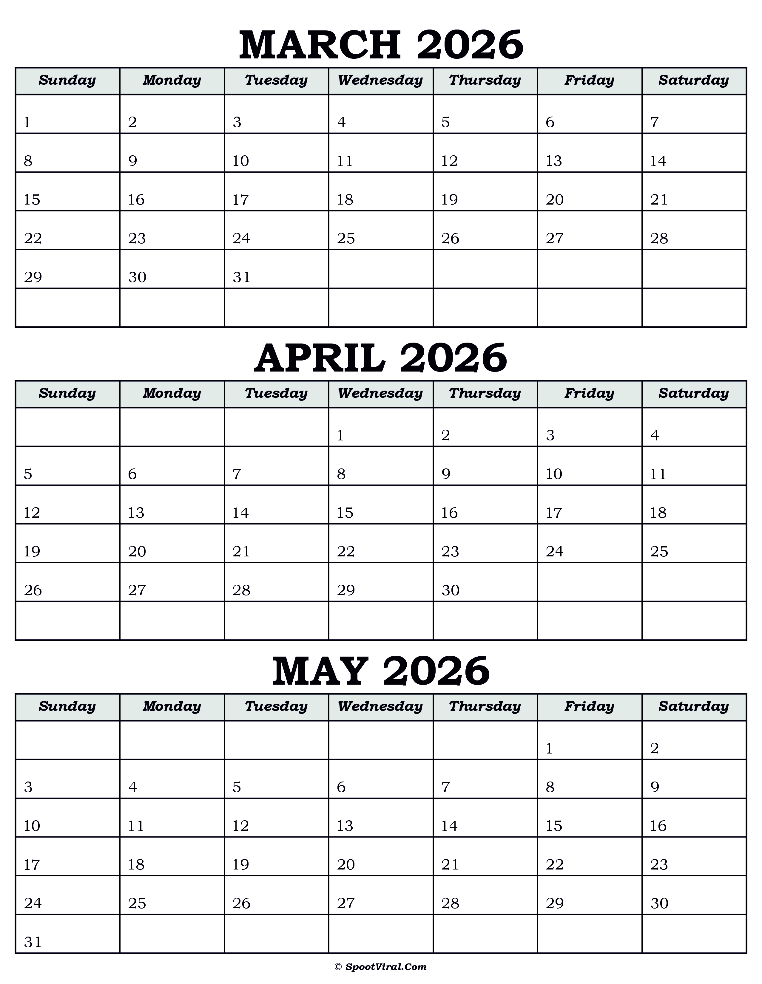 Calendar March April May 2026