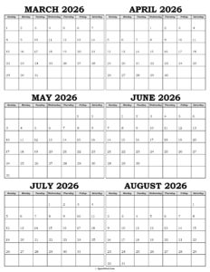 Calendar March to August 2026