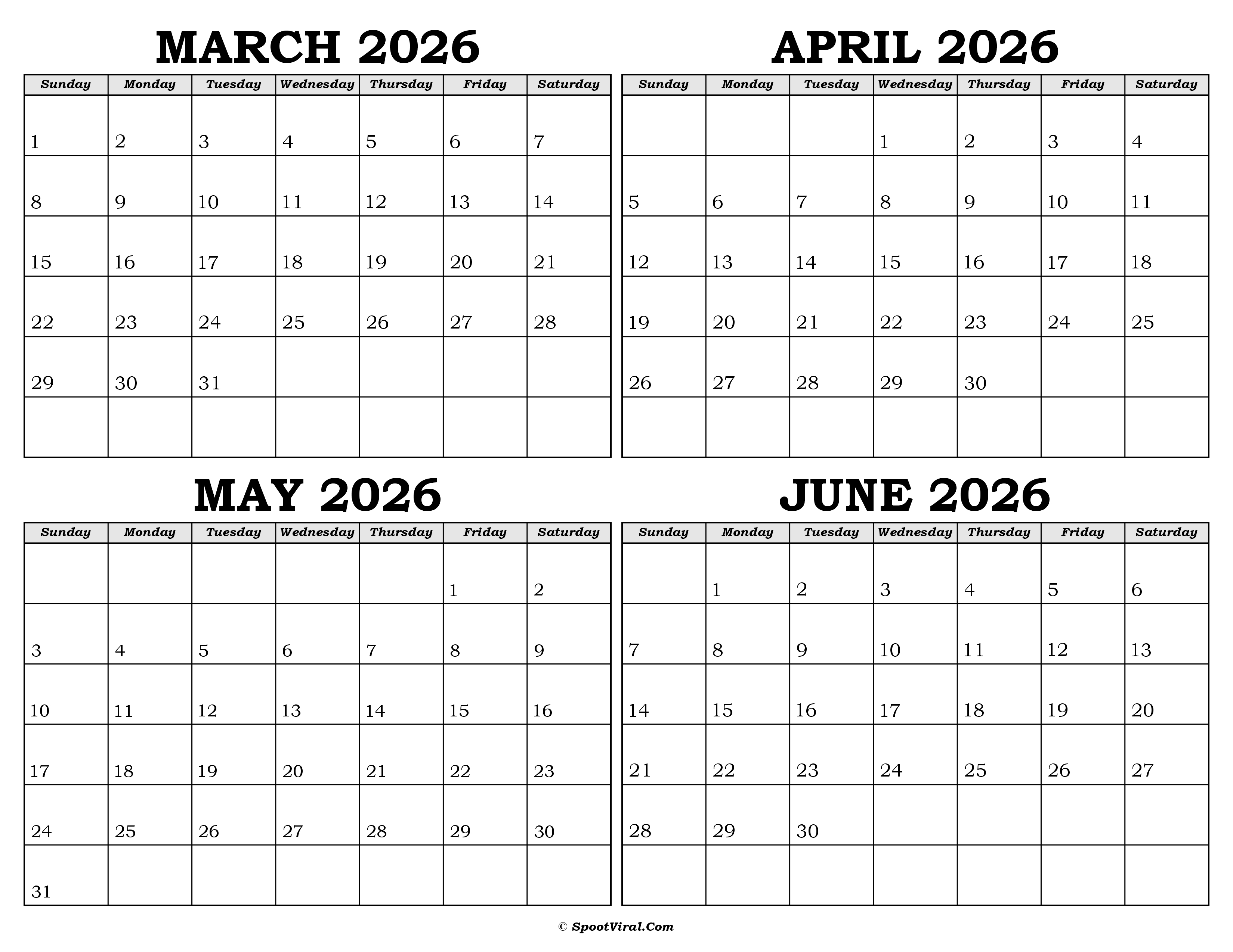 Calendar March to June 2026