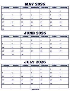 Calendar May June July 2026