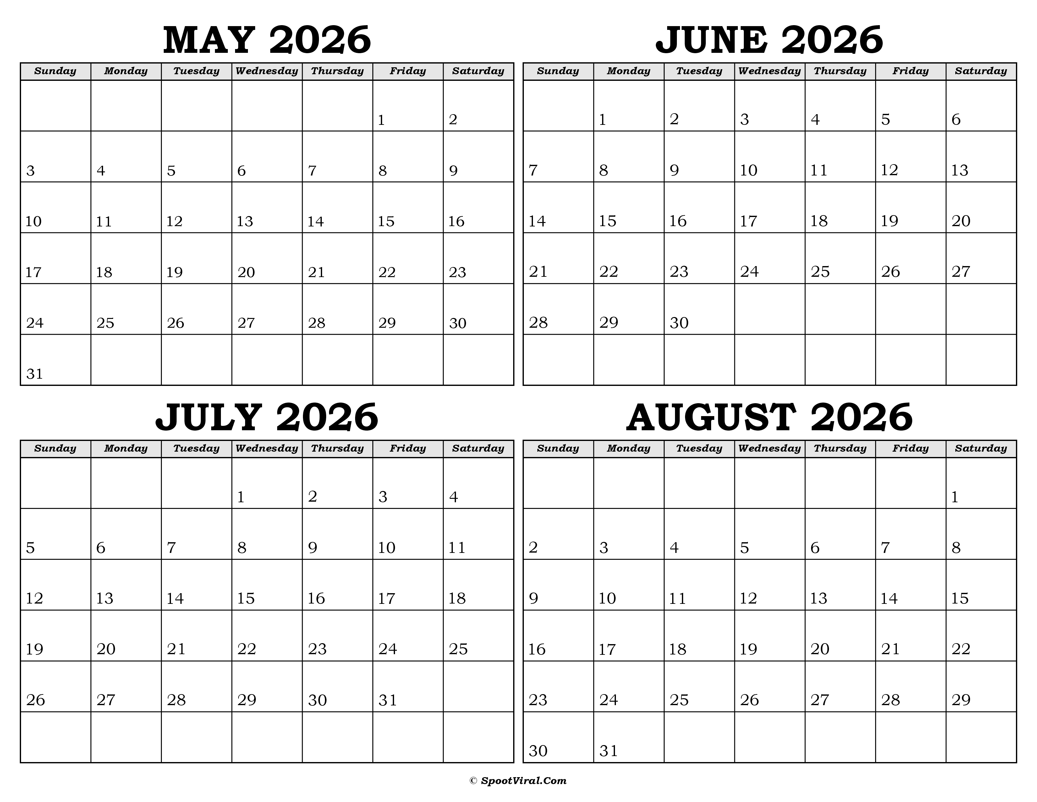 Calendar May to August 2026