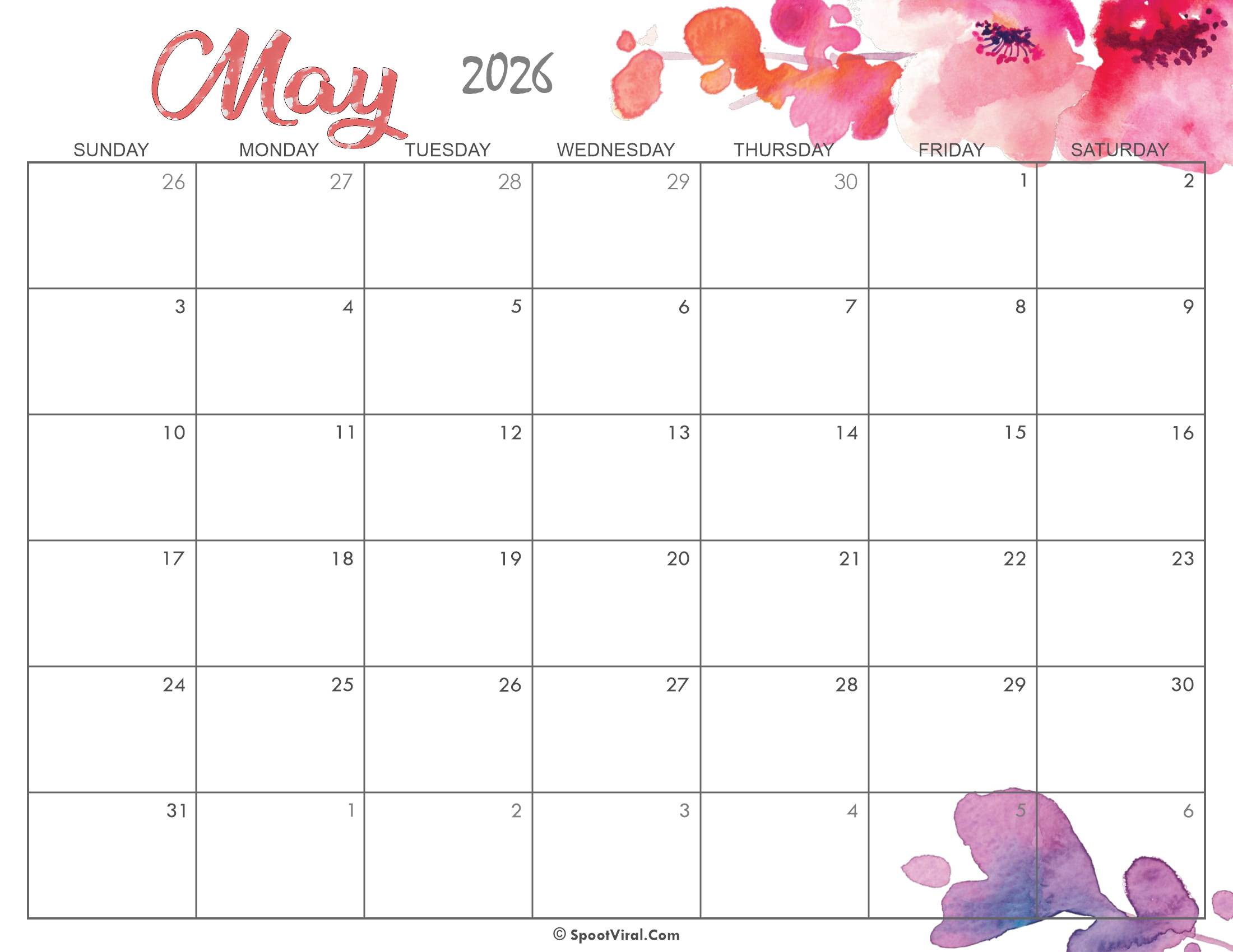 Cute May Calendar 2026 Printable
